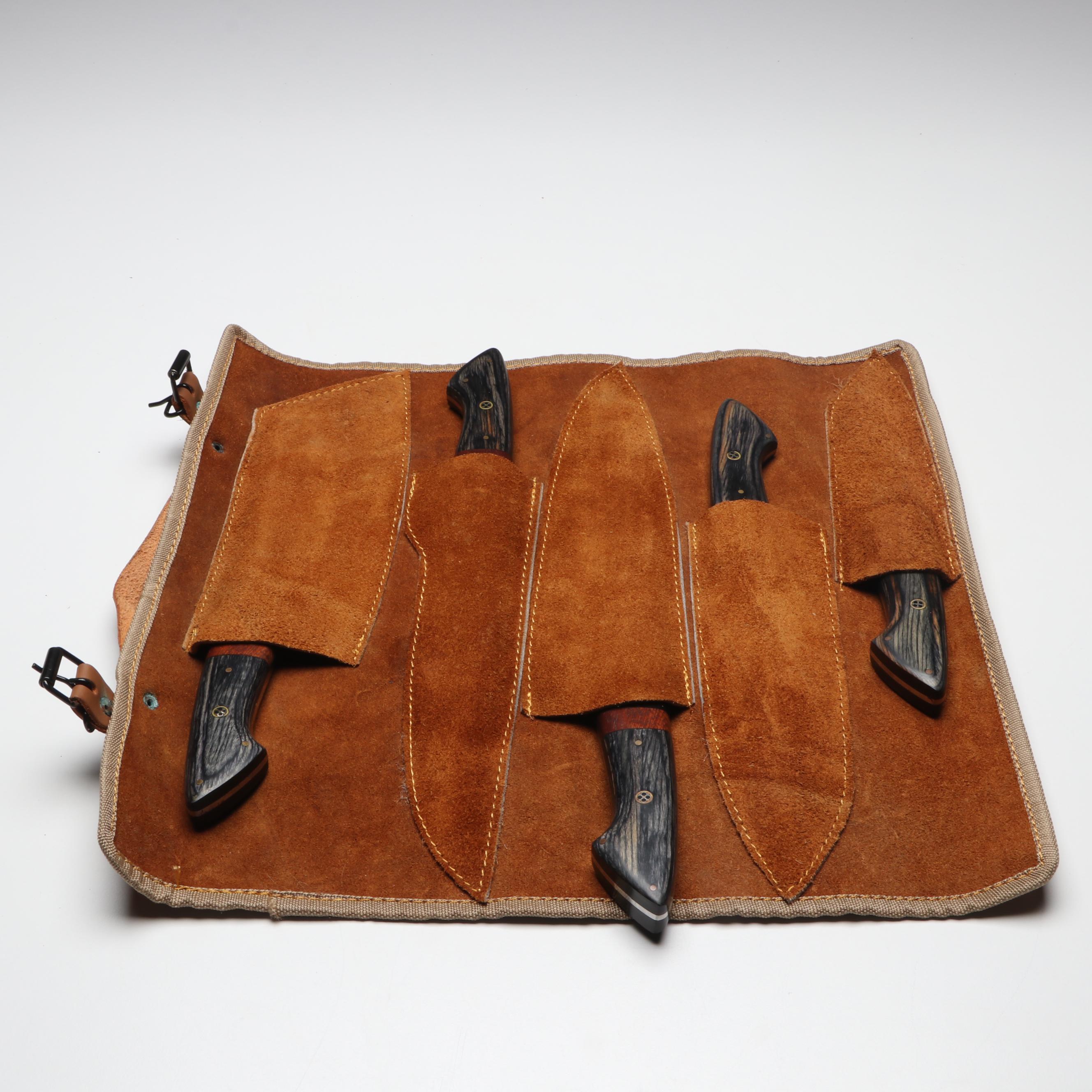 Damascus Steel and Wooden Handled Chef's Knife Set in Suede Leather Roll