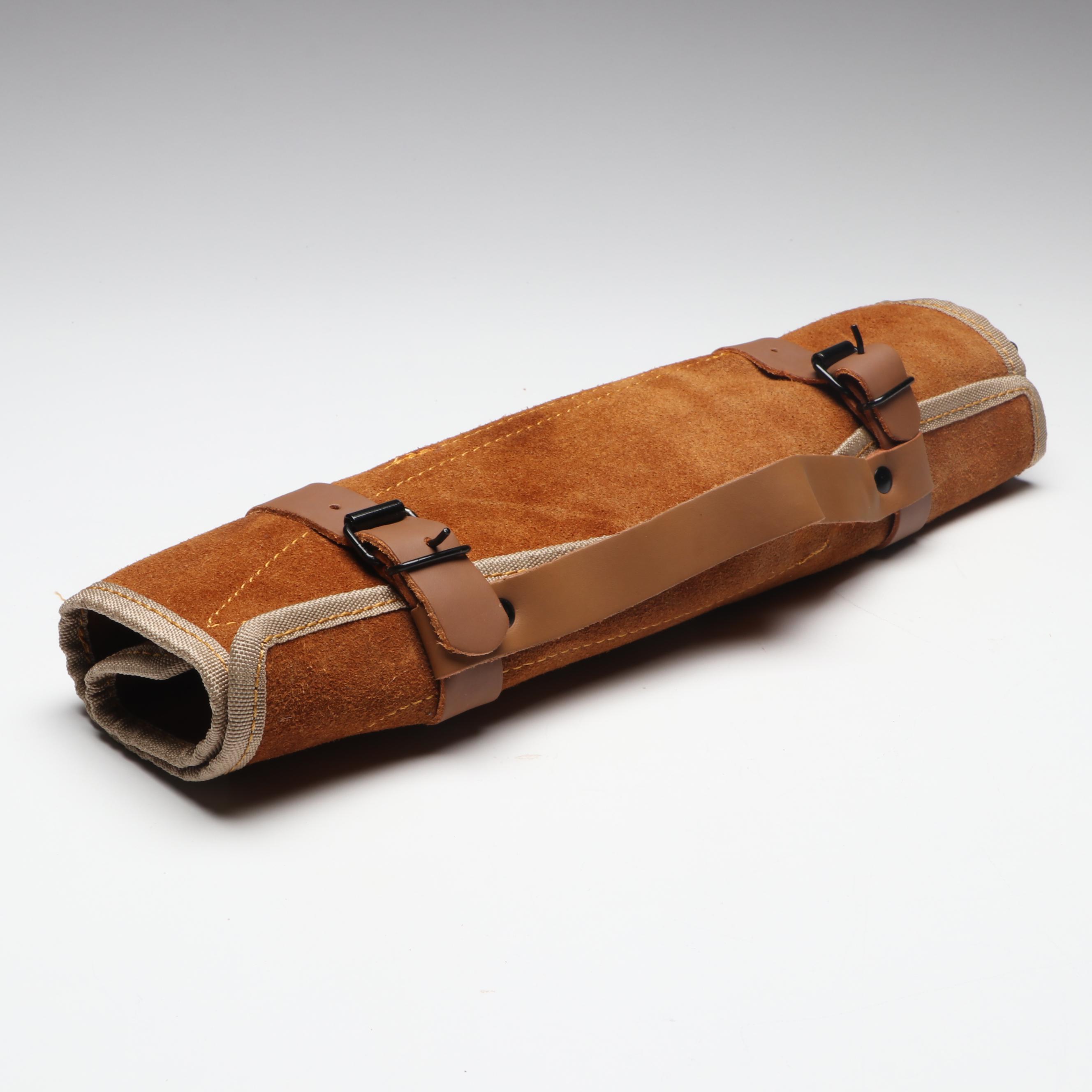 Damascus Steel and Wooden Handled Chef's Knife Set in Suede Leather Roll