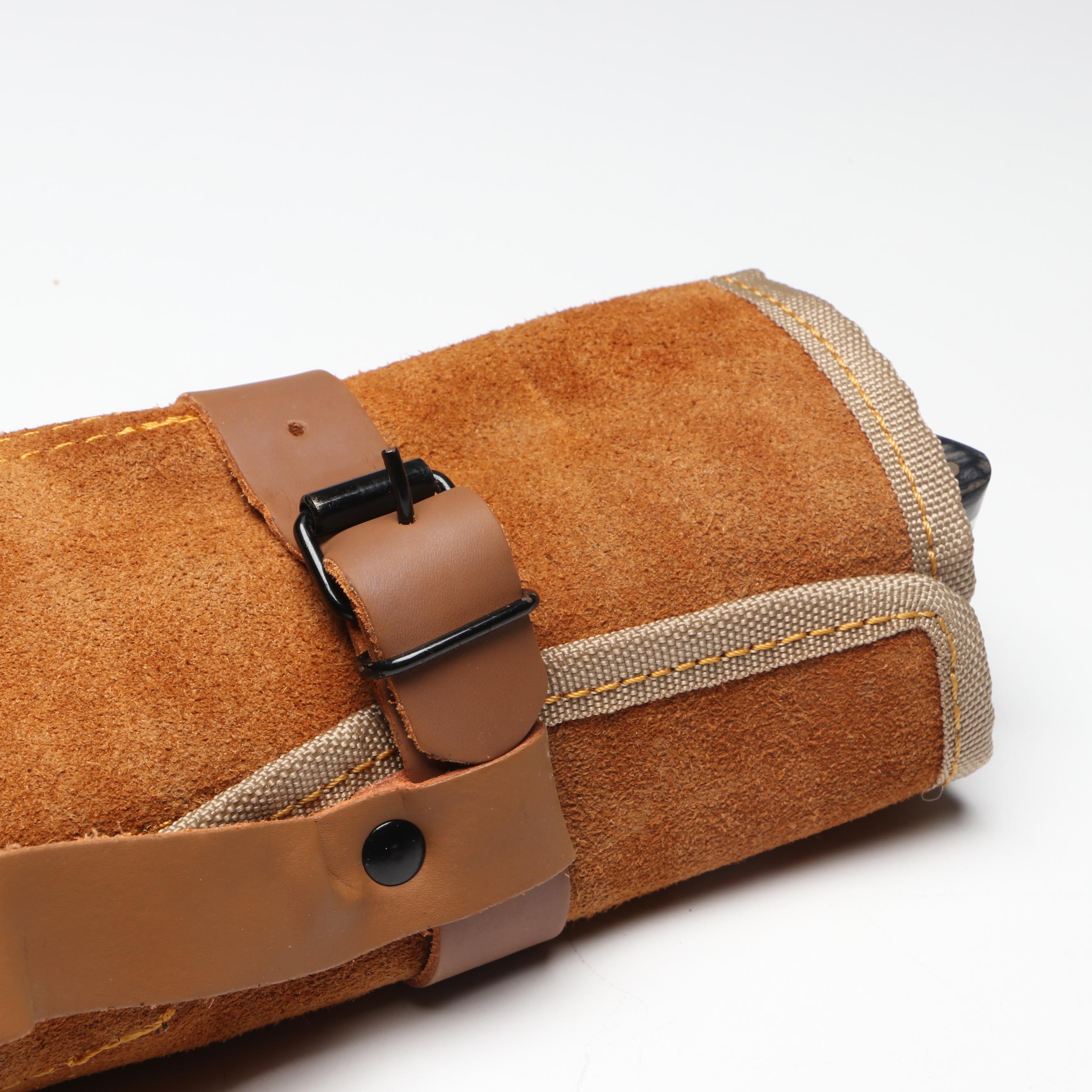 Damascus Steel and Wooden Handled Chef's Knife Set in Suede Leather Roll