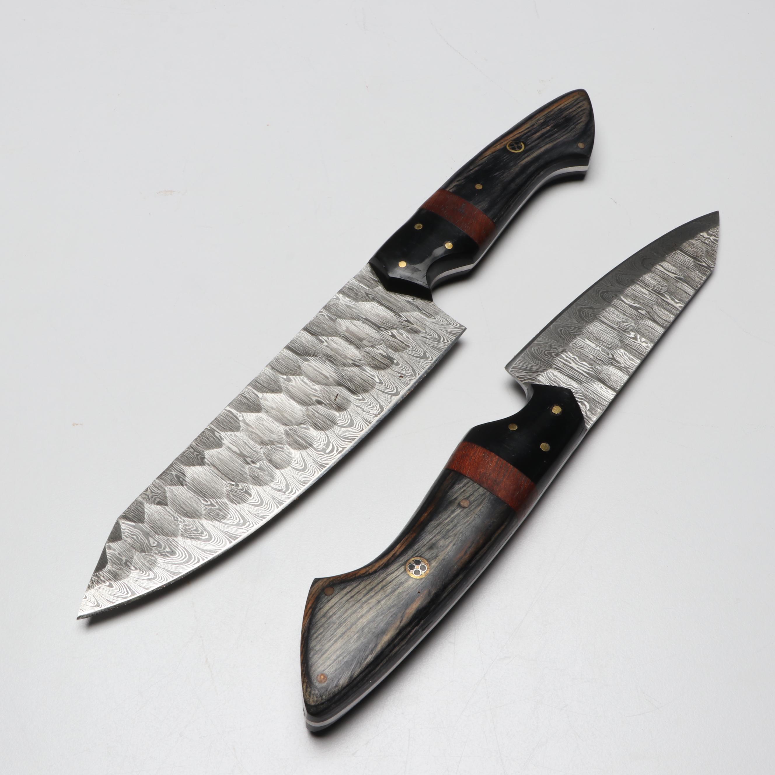 Damascus Steel and Wooden Handled Chef's Knife Set in Suede Leather Roll