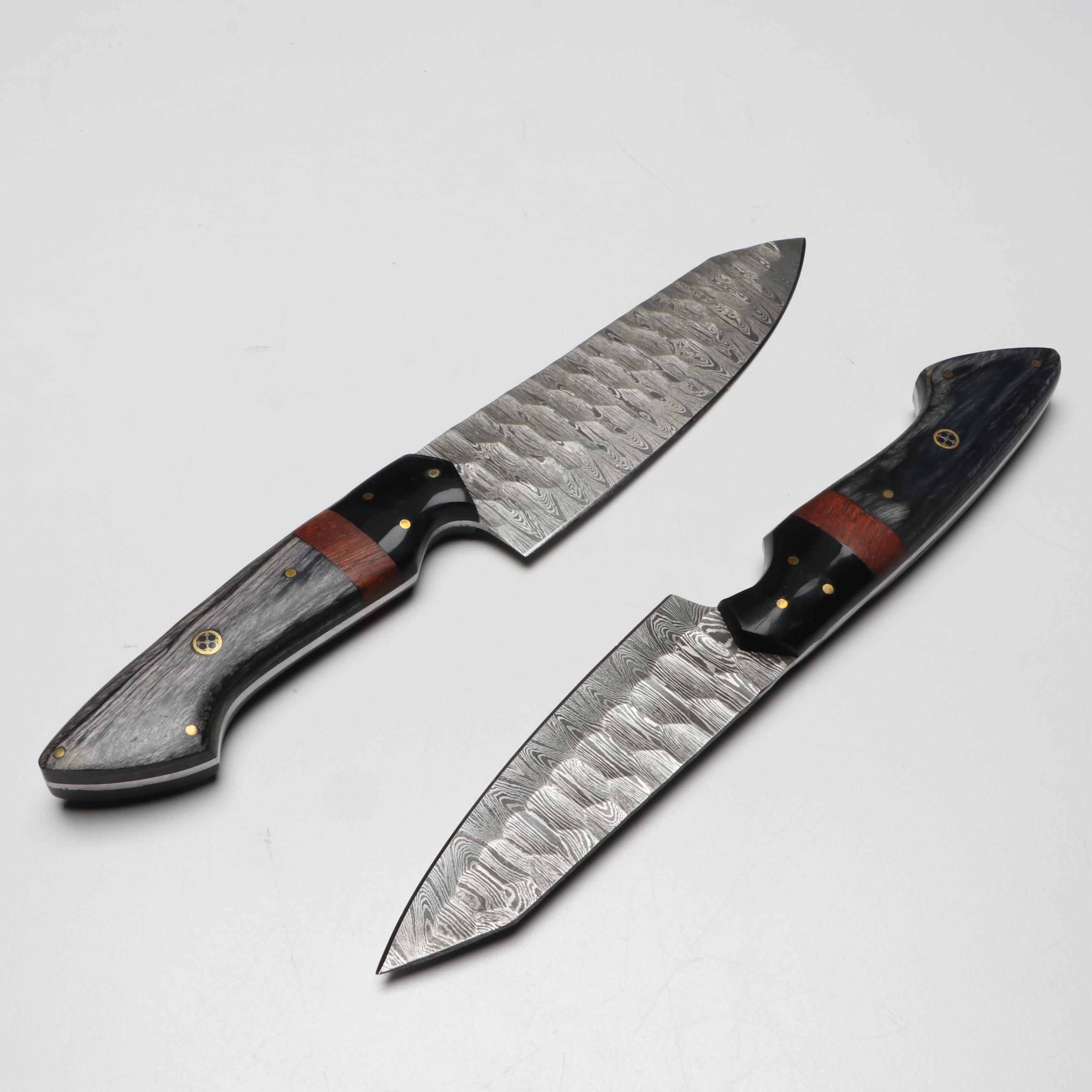 Damascus Steel and Wooden Handled Chef's Knife Set in Suede Leather Roll