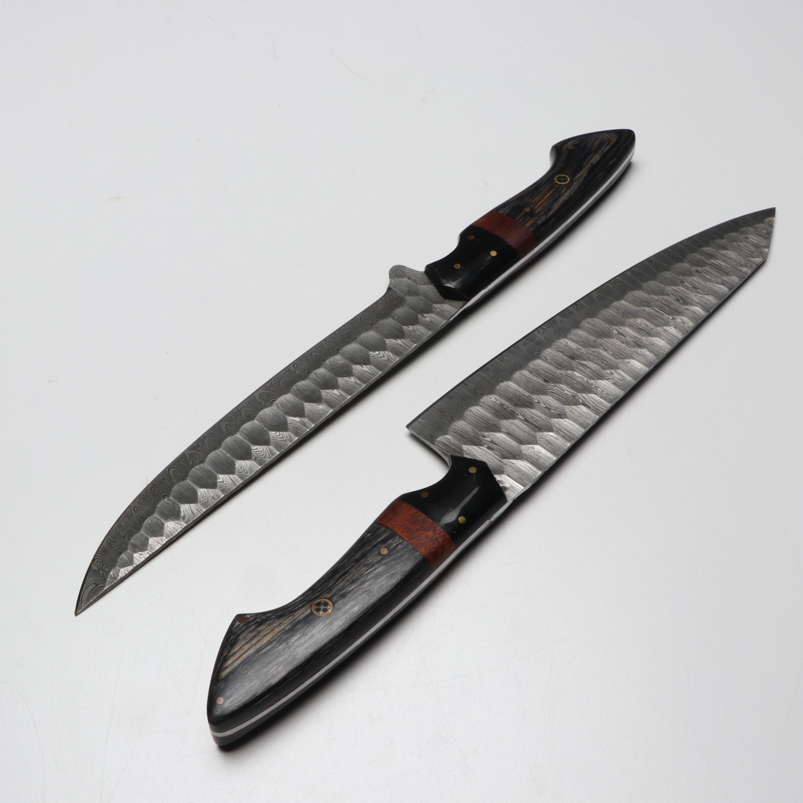 Damascus Steel and Wooden Handled Chef's Knife Set in Suede Leather Roll
