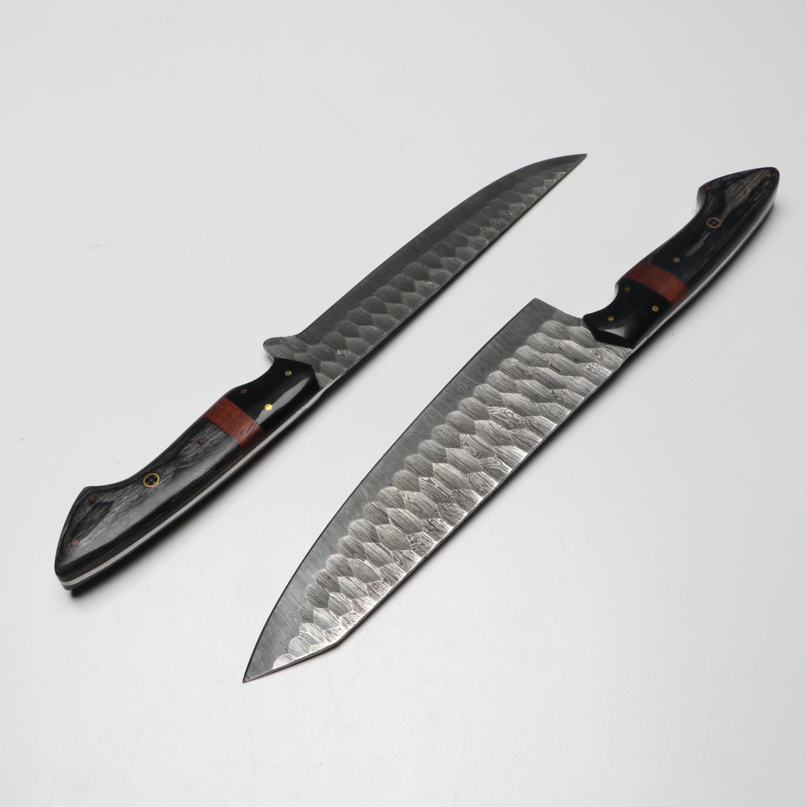 Damascus Steel and Wooden Handled Chef's Knife Set in Suede Leather Roll