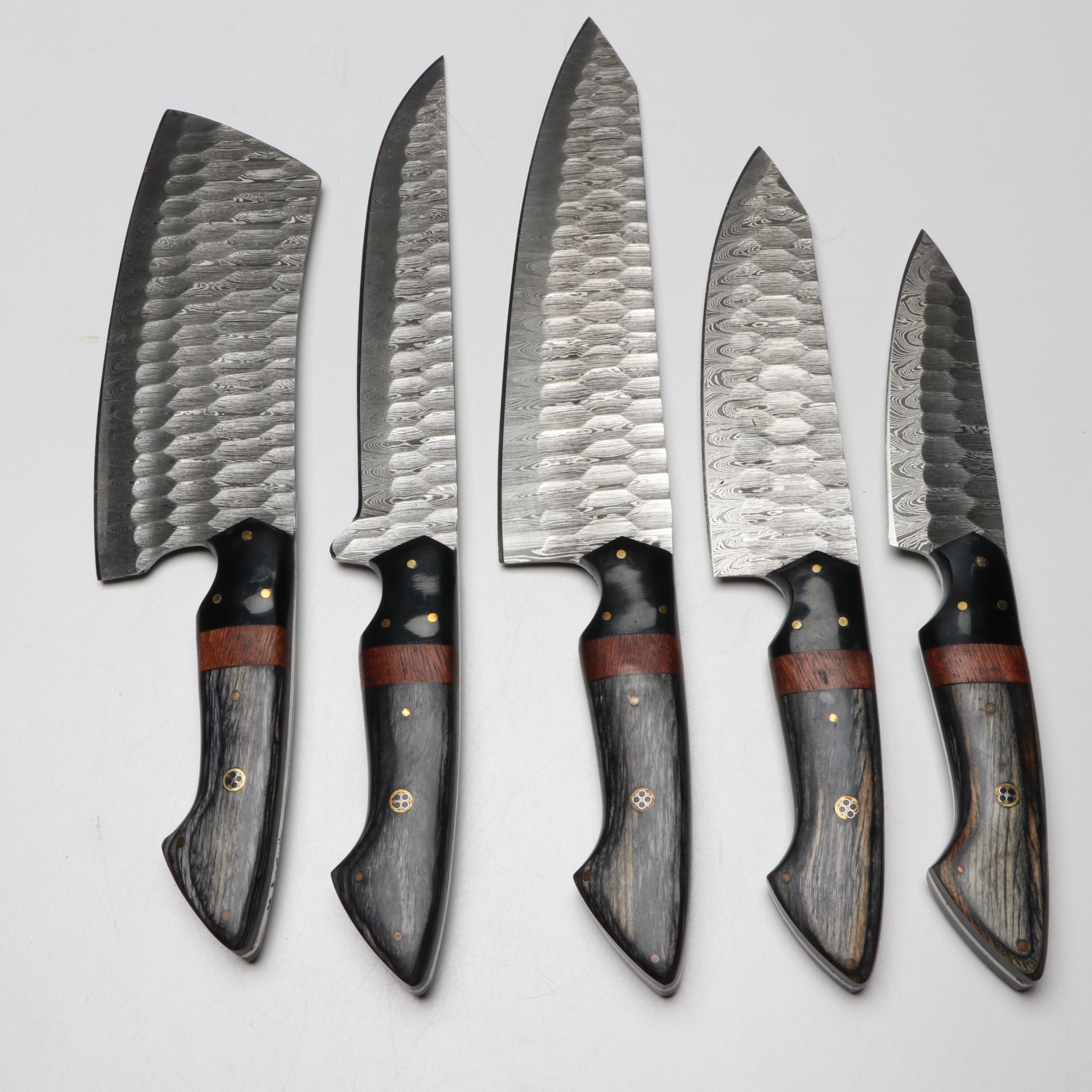 Damascus Steel and Wooden Handled Chef's Knife Set in Suede Leather Roll