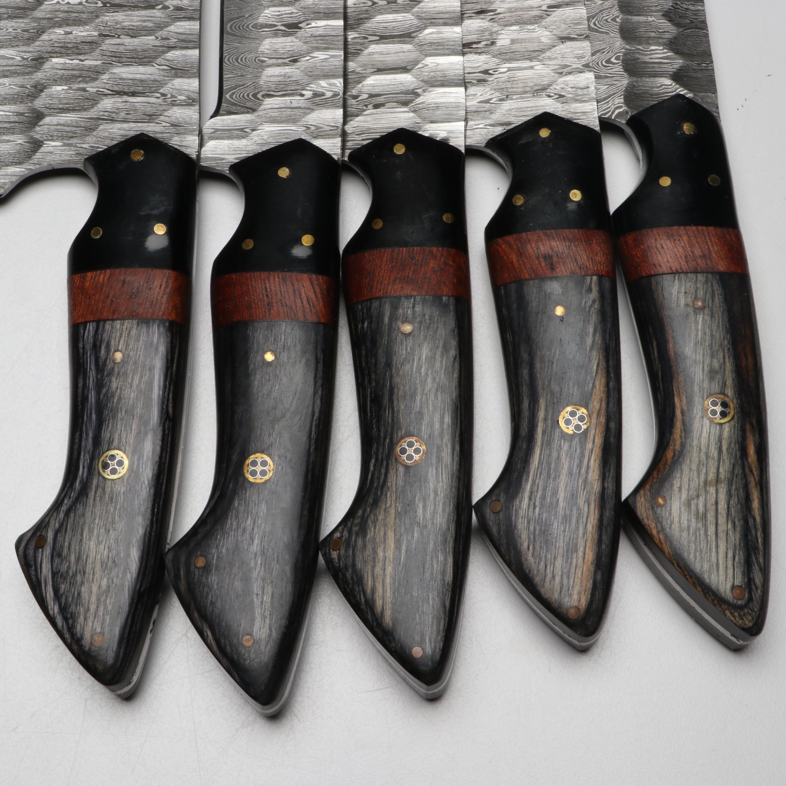 Damascus Steel and Wooden Handled Chef's Knife Set in Suede Leather Roll