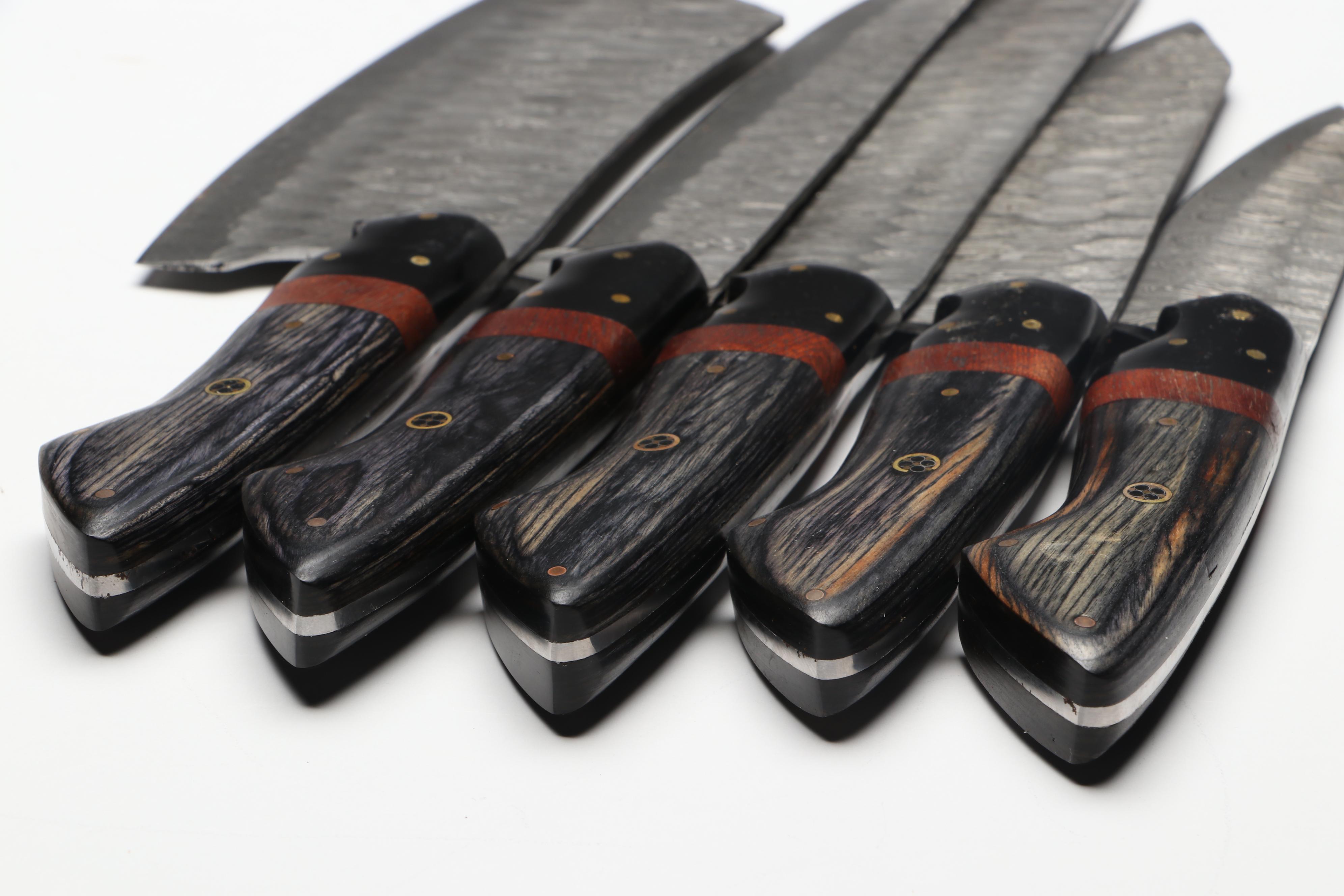 Damascus Steel and Wooden Handled Chef's Knife Set in Suede Leather Roll