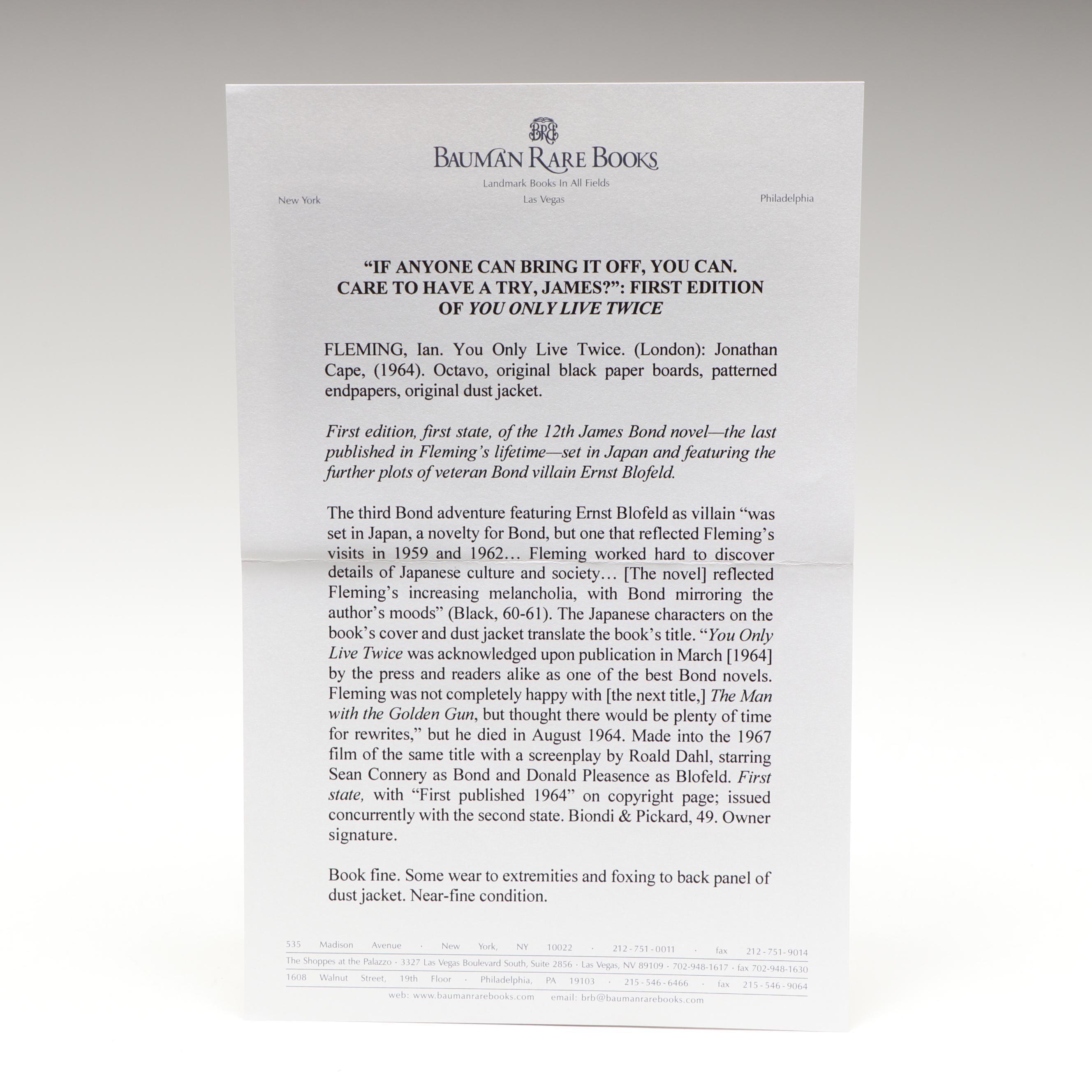 First UK Edition, First State "You Only Live Twice" by Ian Fleming, 1964