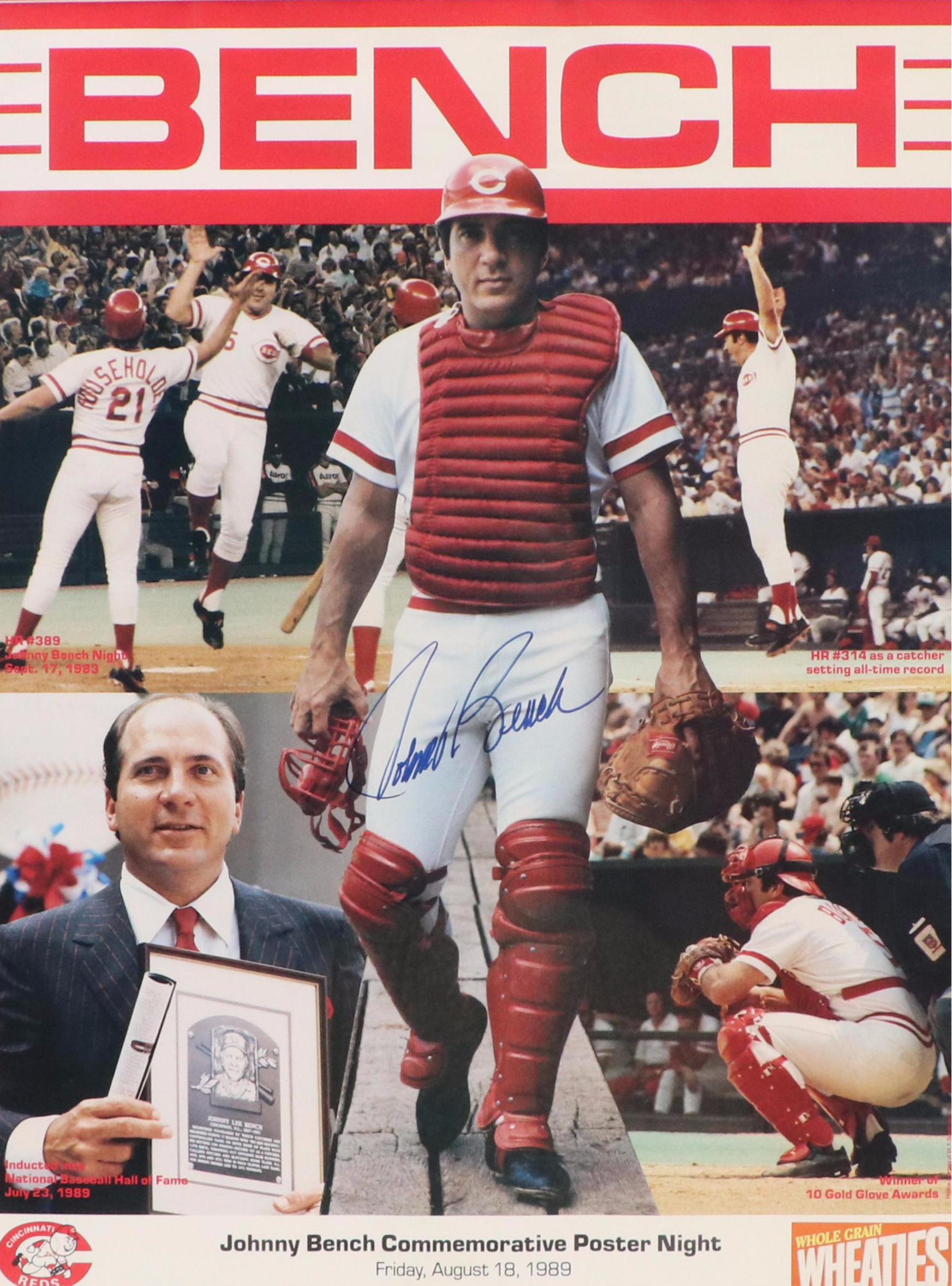 Johnny Bench Signed Cincinnati Reds Commemorative Poster in Matted Frame