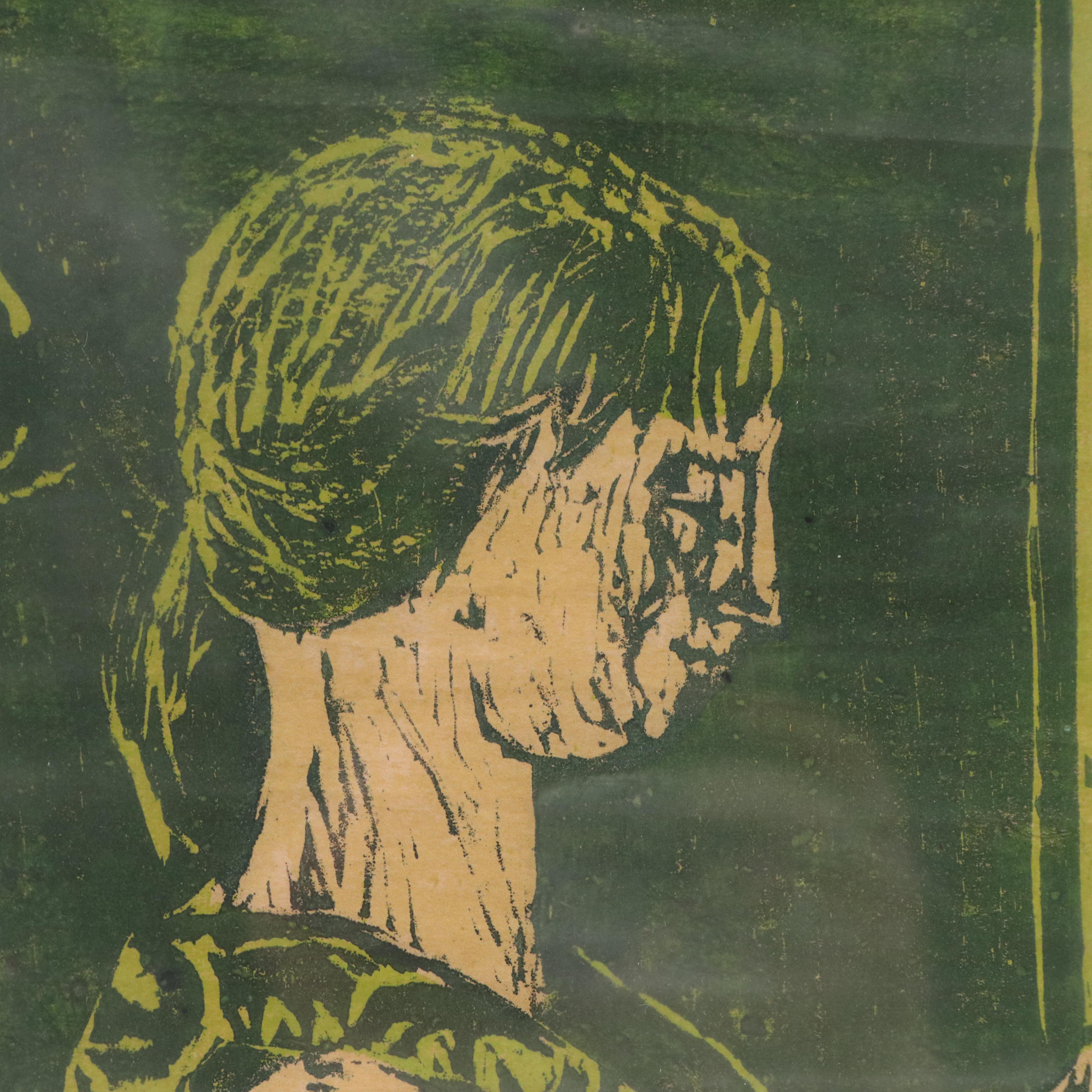 Linocut Relief Portrait of Knitting Figure, 20th Century