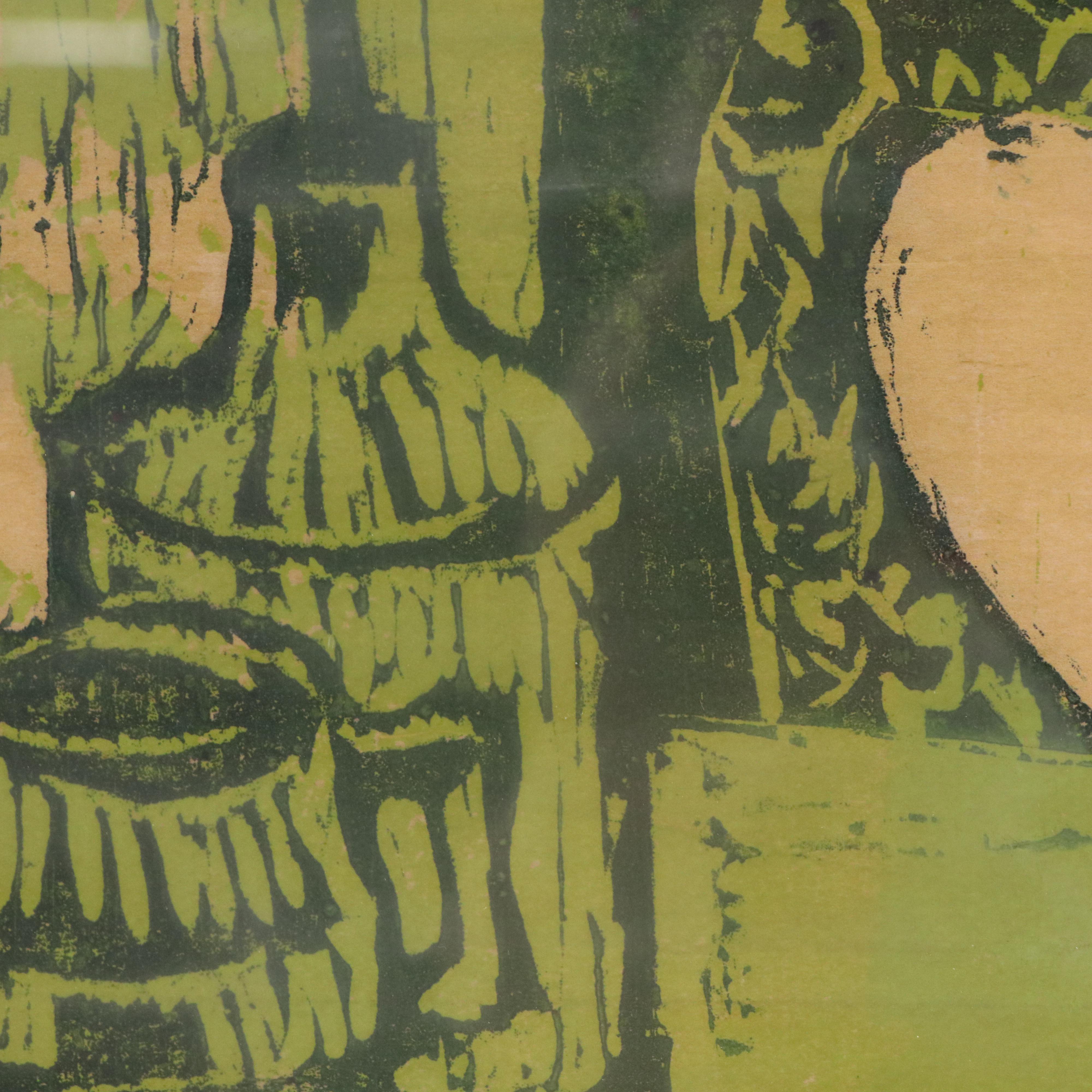 Linocut Relief Portrait of Knitting Figure, 20th Century