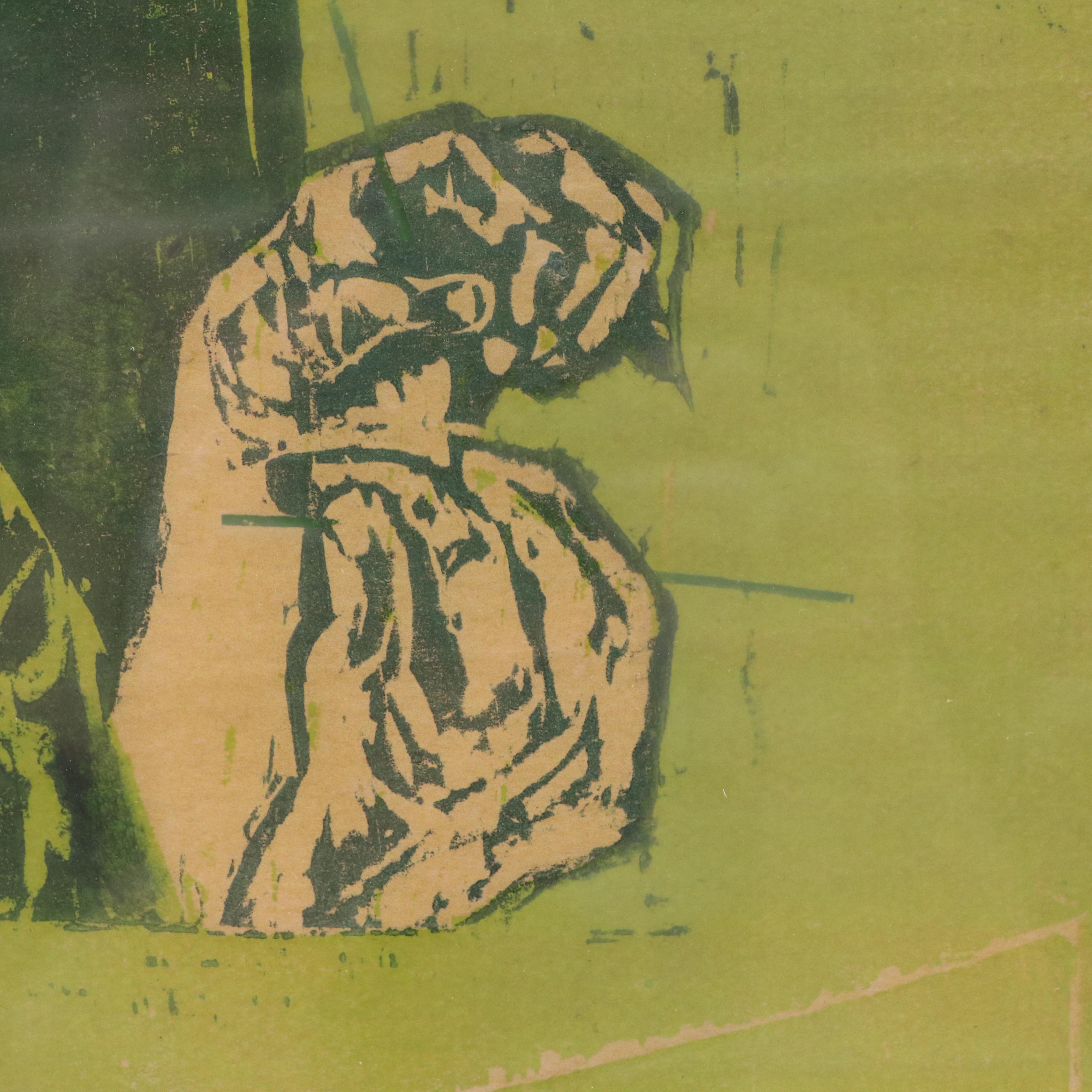 Linocut Relief Portrait of Knitting Figure, 20th Century