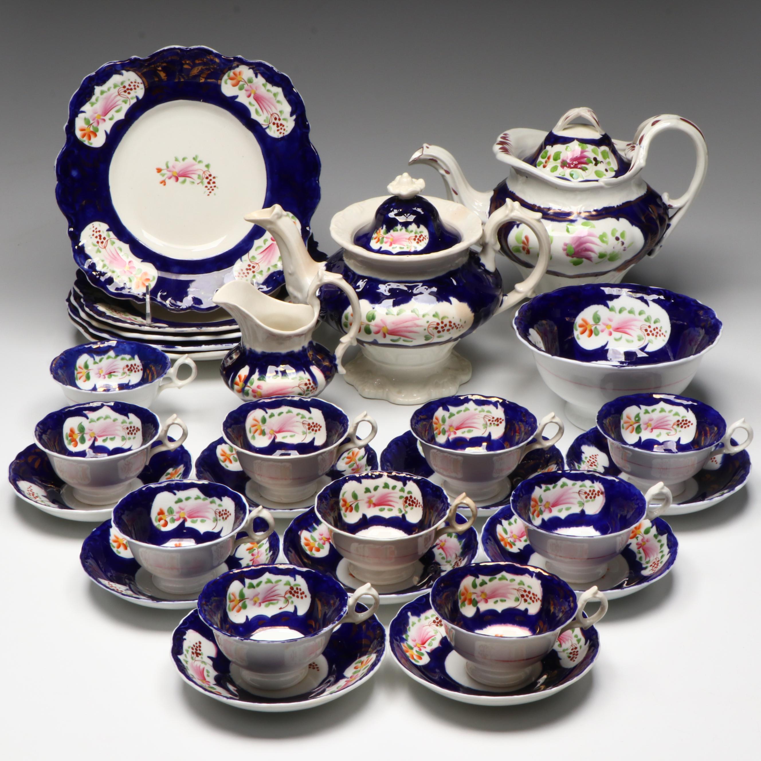 English Gaudy Welsh Feather Tea Set and Tableware, Early to Mid-19th Century