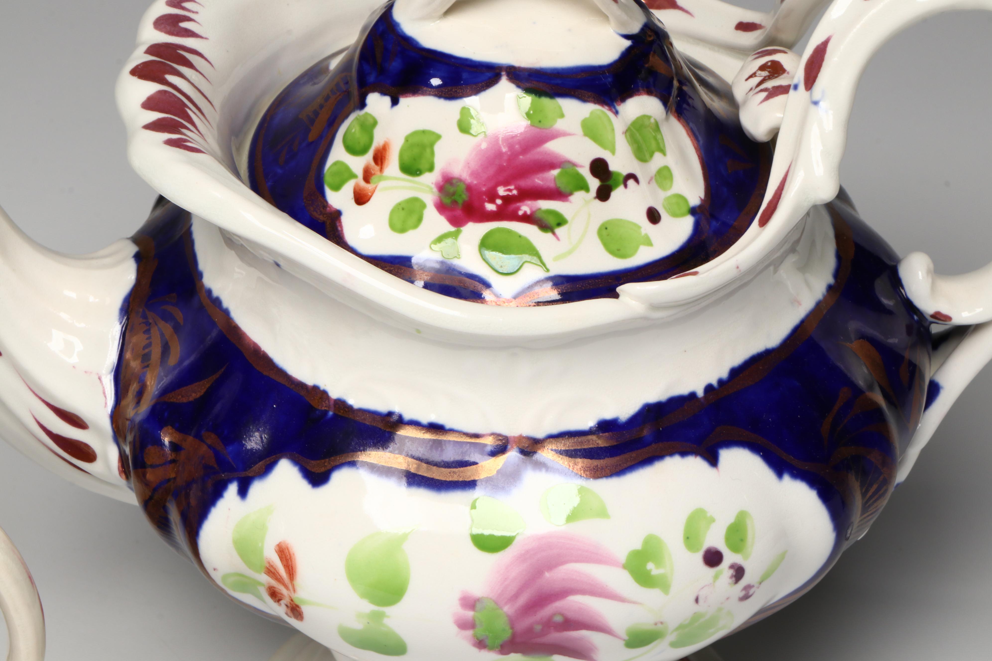 English Gaudy Welsh Feather Tea Set and Tableware, Early to Mid-19th Century