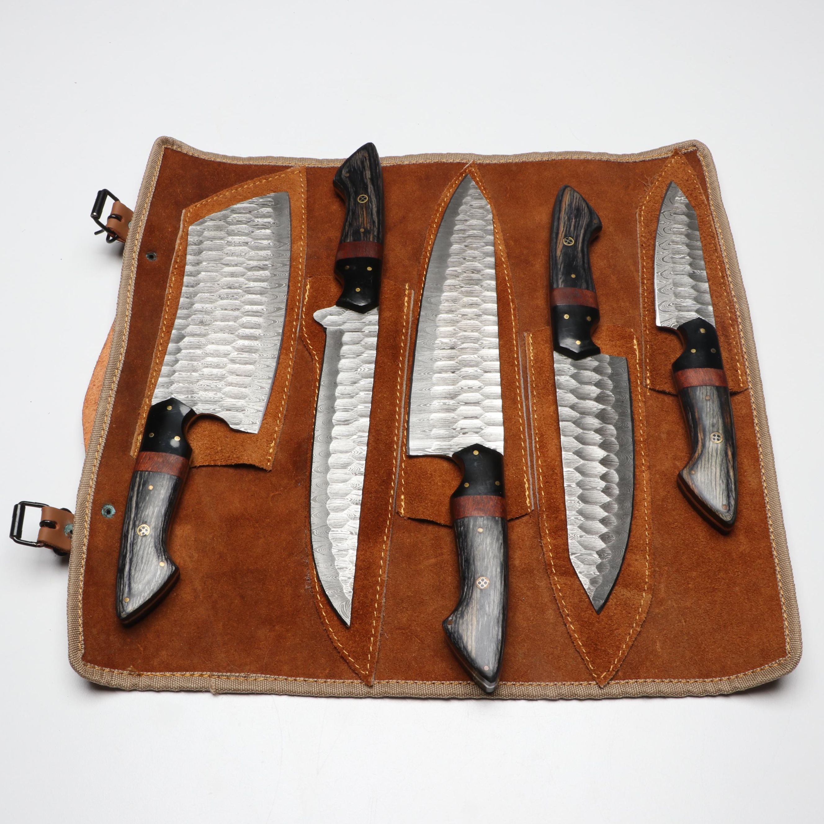 Damascus Steel and Wooden Handled Chef's Knife Set in Suede Leather Roll