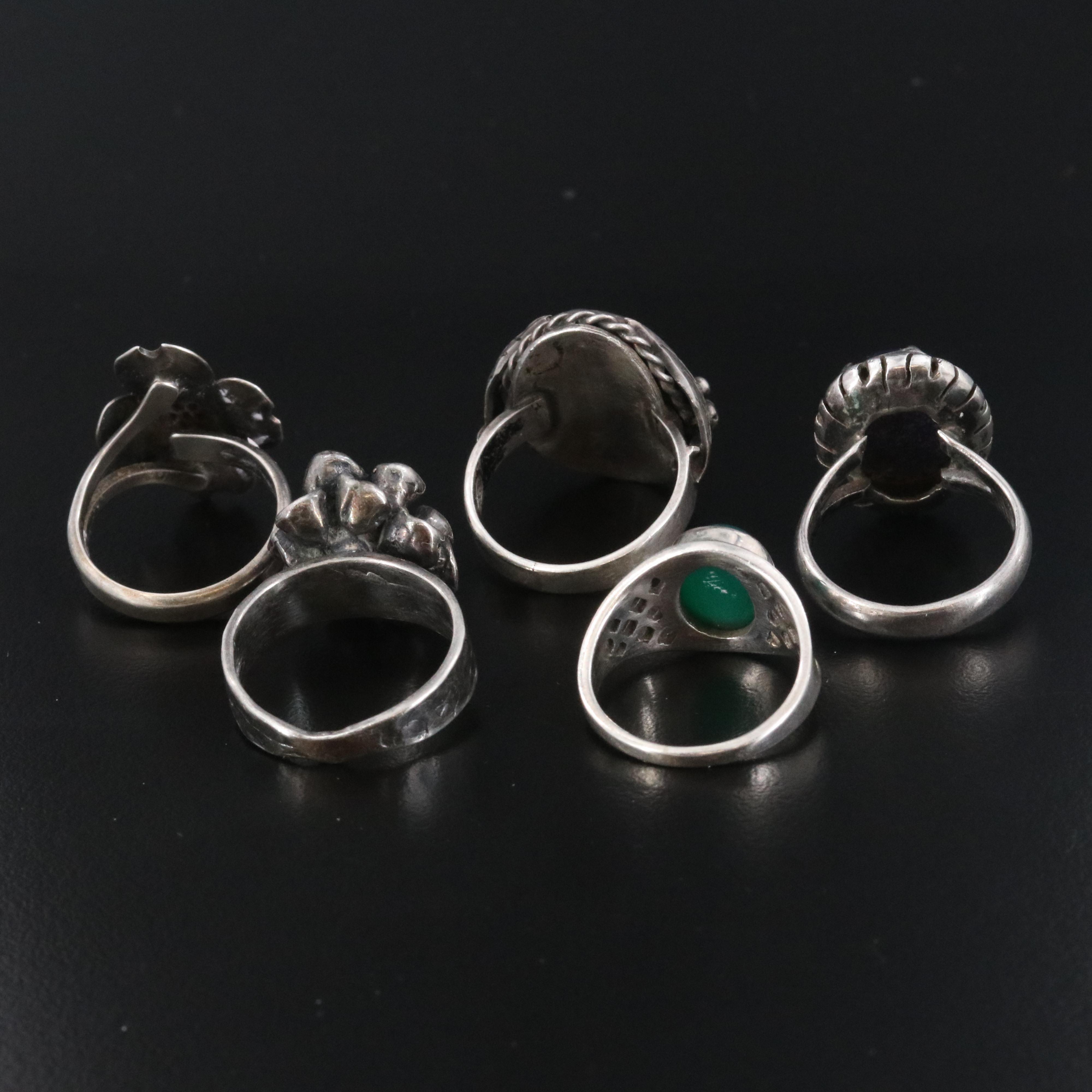 Vintage Sterling Ring Collection Featuring Stuart Nye, Nephrite and Chalcedony