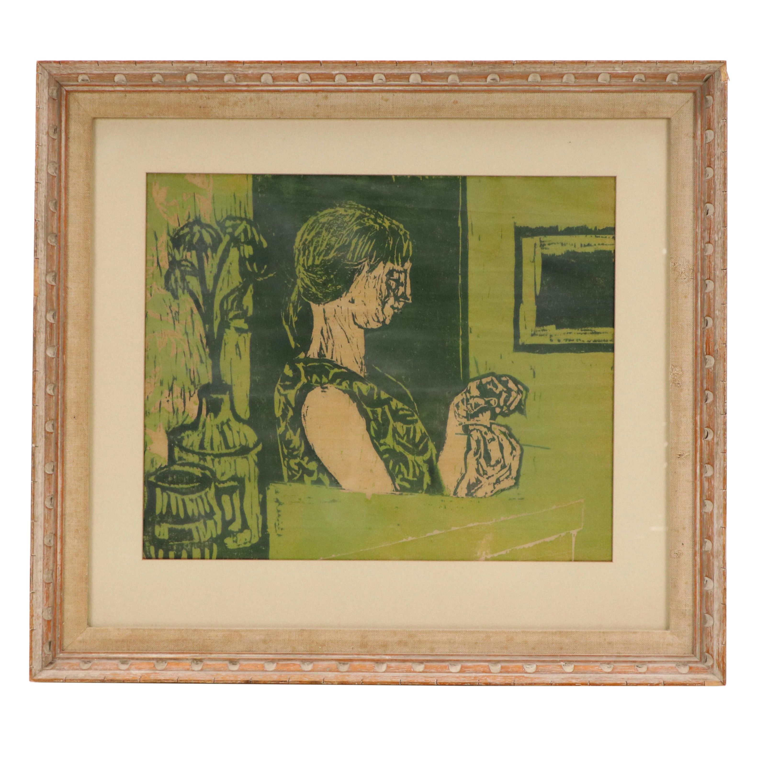 Linocut Relief Portrait of Knitting Figure, 20th Century