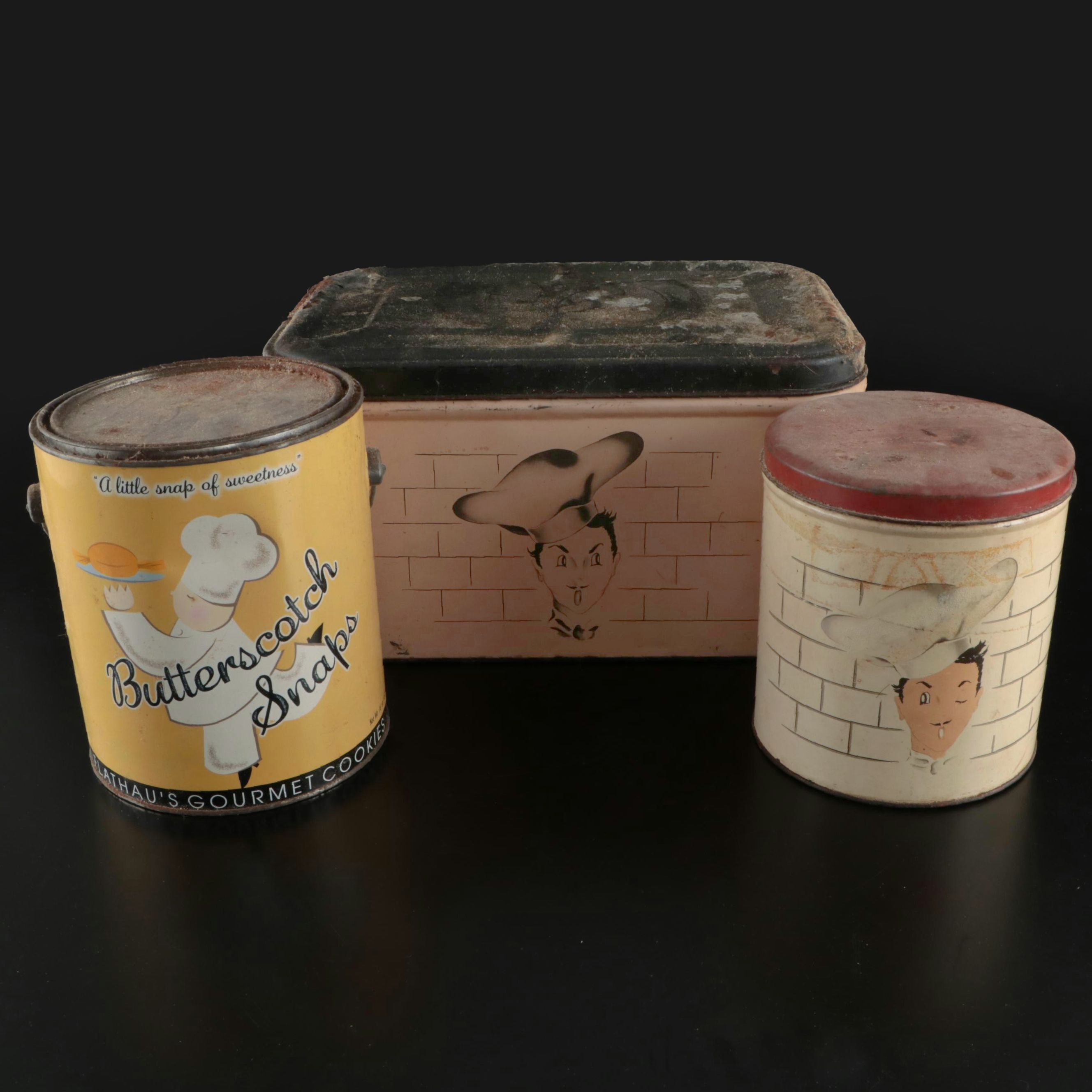 Parmeco Lithograph Sugar Canister and Other Bread Box with Flathau's Cookie Tin