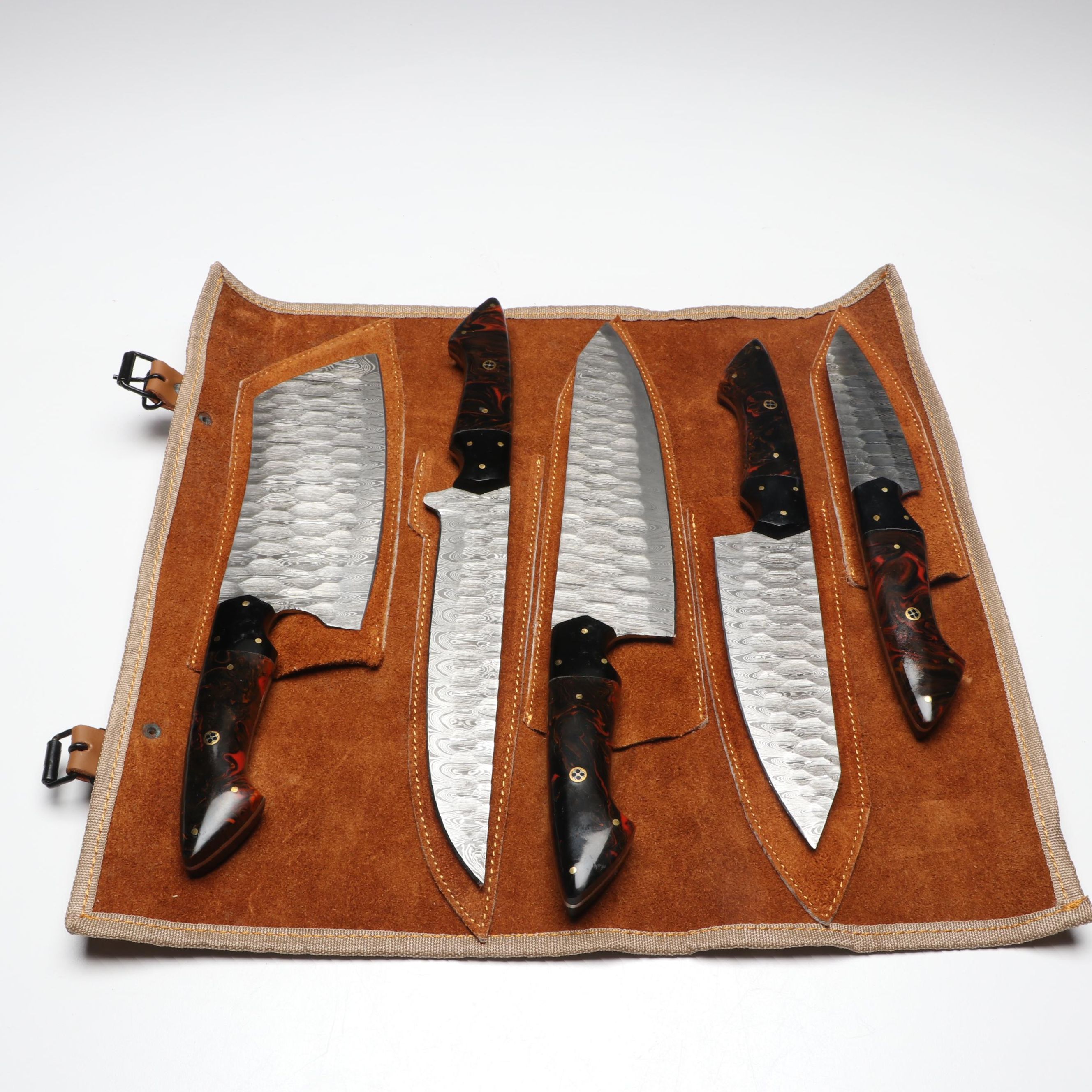 Damascus Steel Marbled Handled Chef's Knife Set in Suede Leather Roll