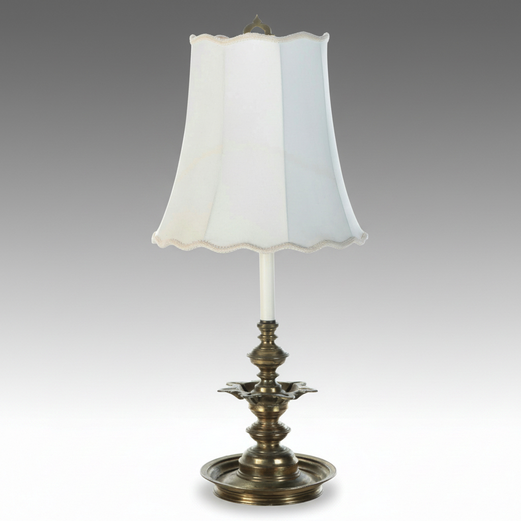 Brass Candlestick Table Lamp with Scallop Bell Shade
