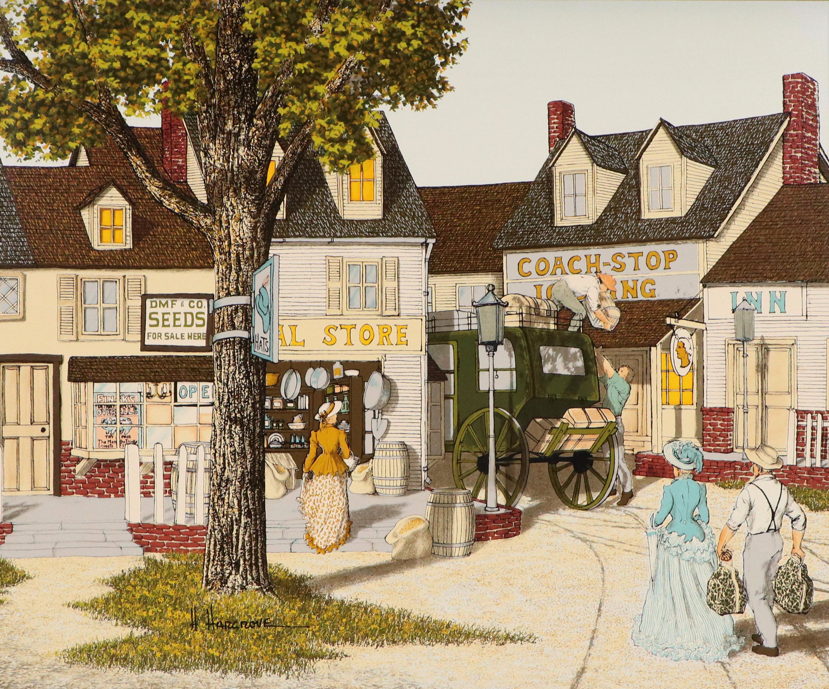 H. Hargrove Victorian Village Scene Screenprint, Mid-20th Century