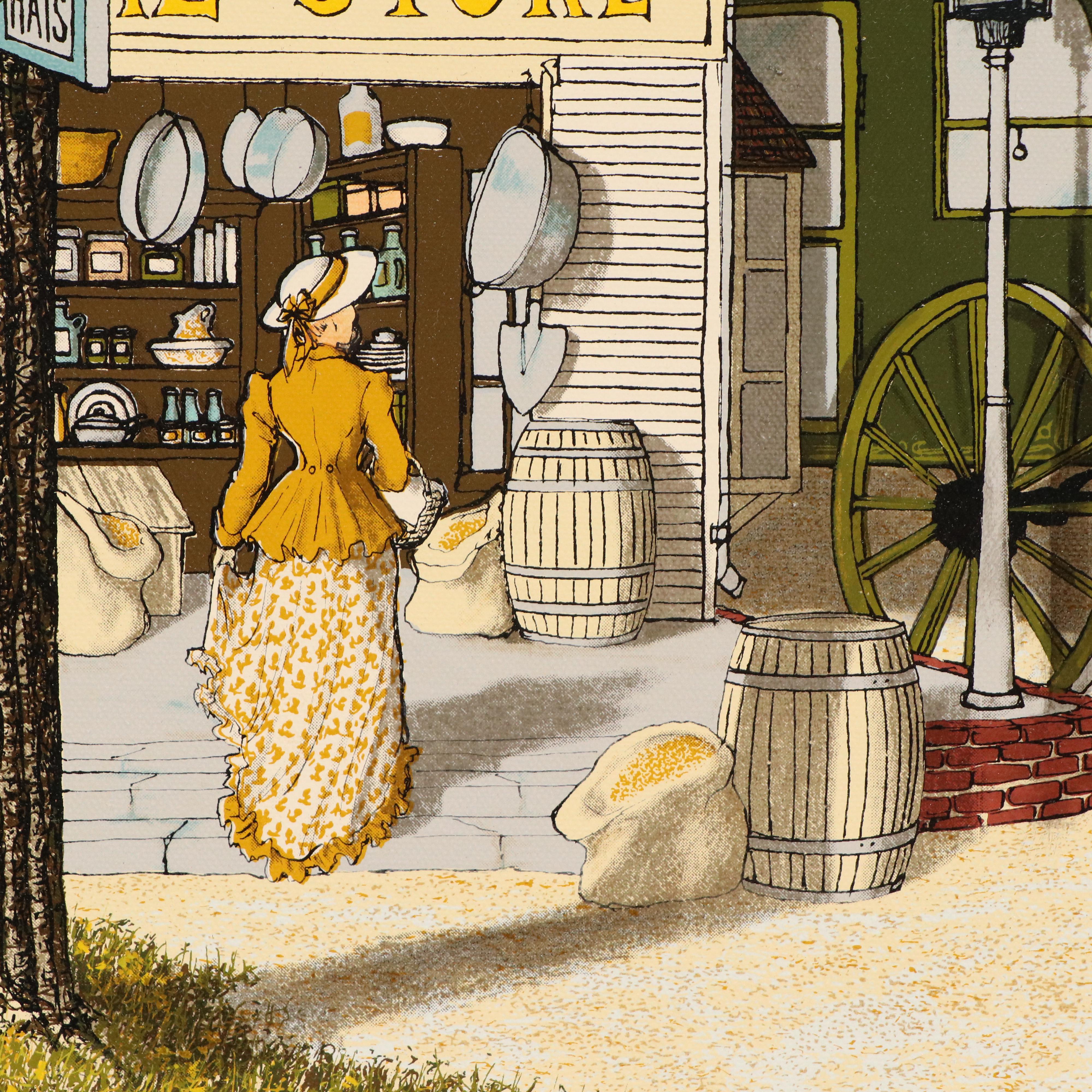 H. Hargrove Victorian Village Scene Screenprint, Mid-20th Century