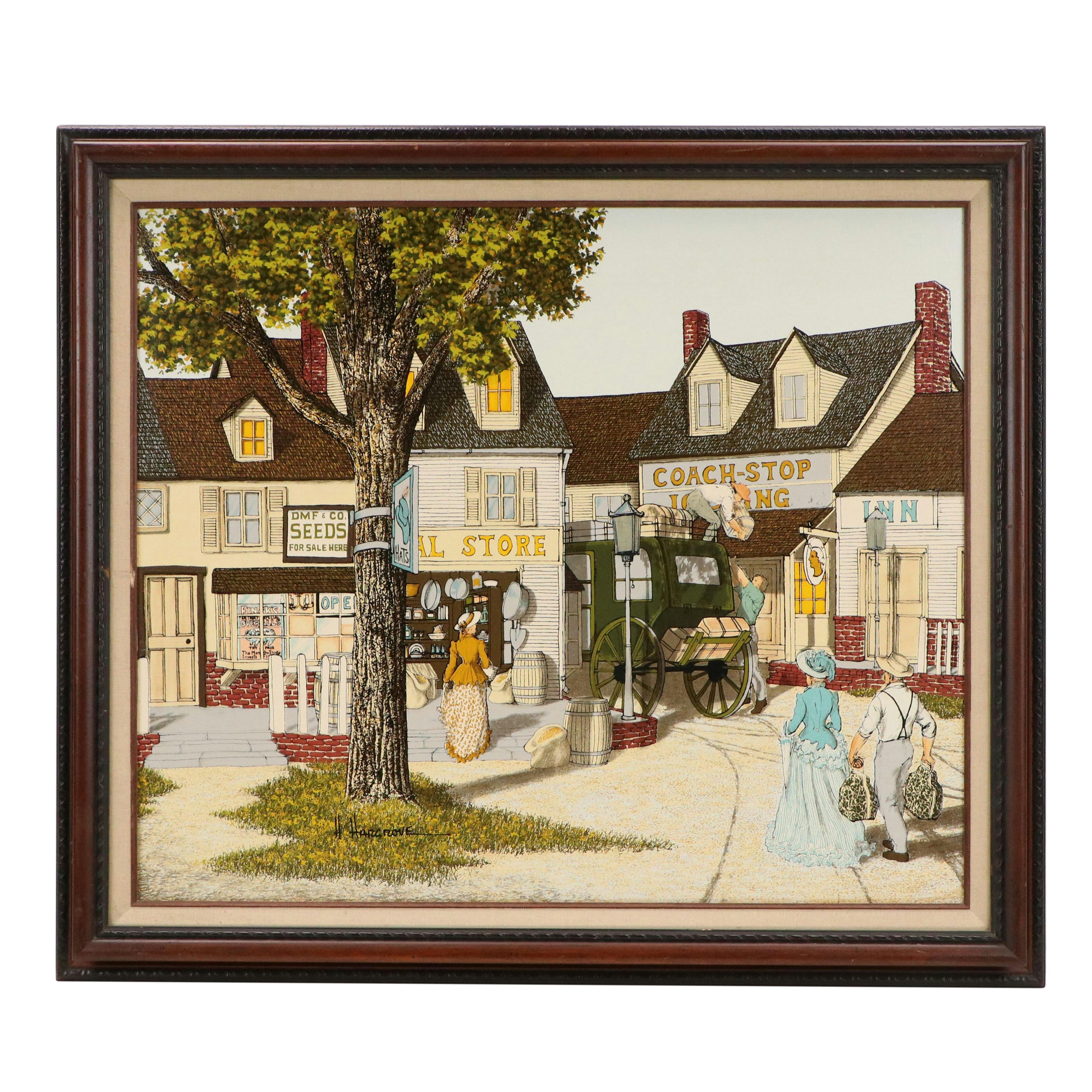 H. Hargrove Victorian Village Scene Screenprint, Mid-20th Century