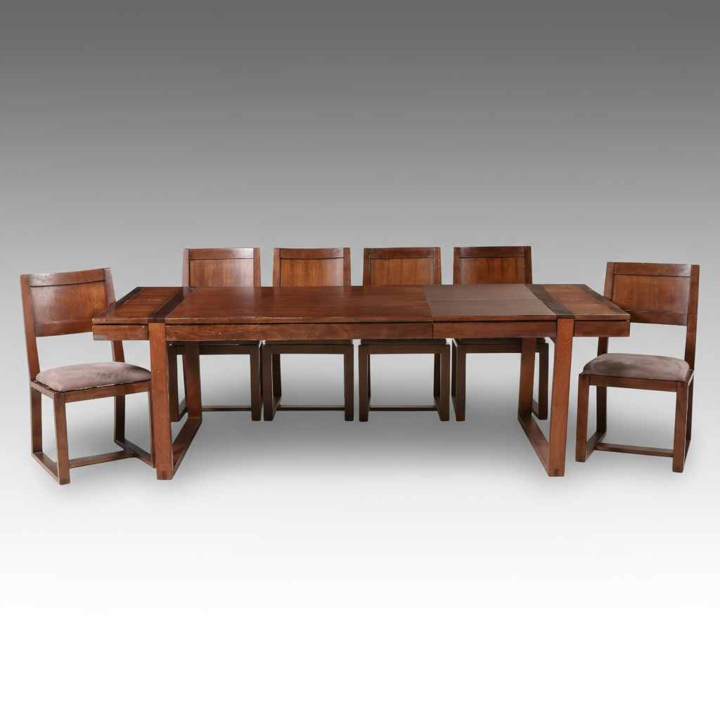 Contemporary Wood Extension Dining Table and Six Chairs with Faux Suede Seats