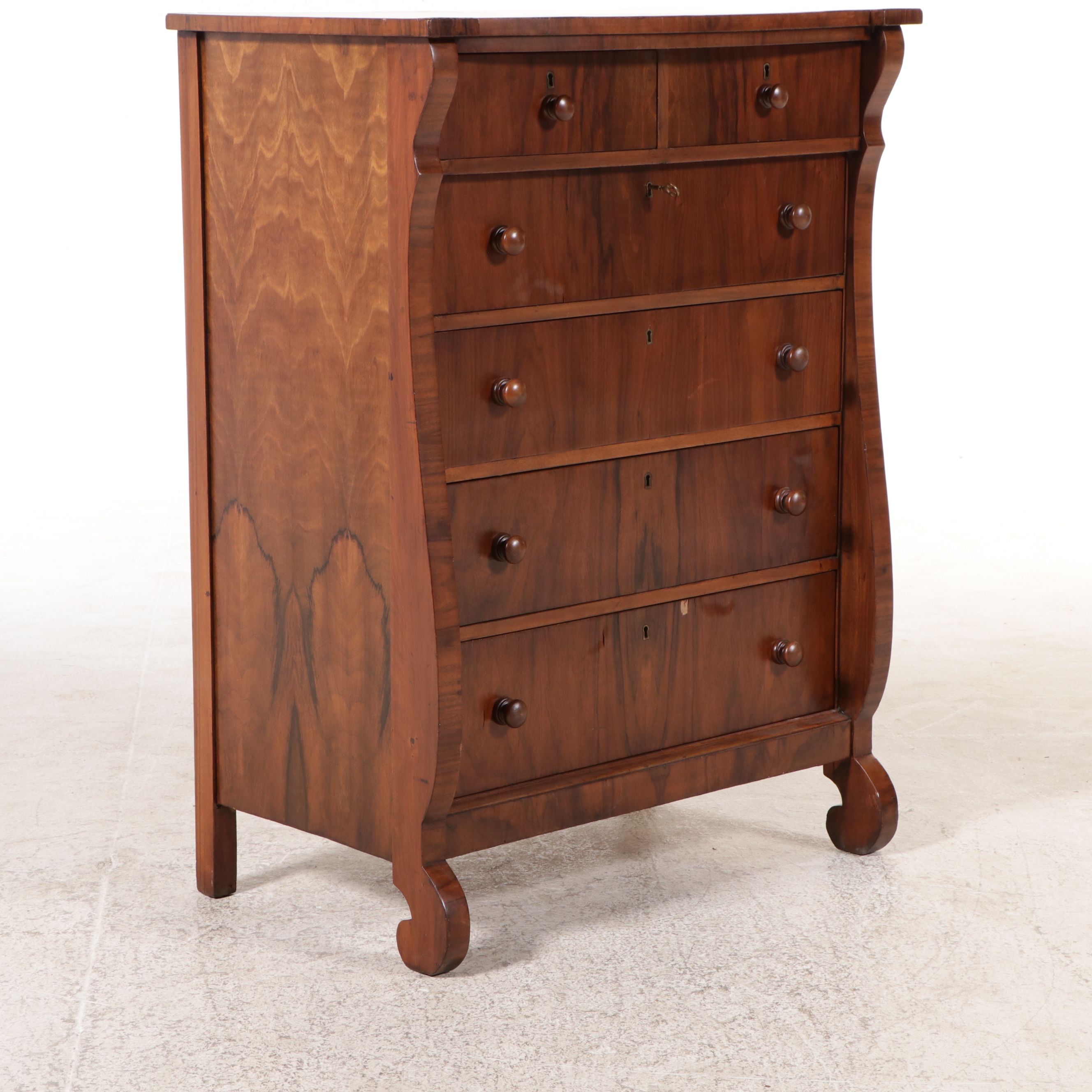 Victorian Empire Style Burl Veneer Chest of Drawers, Late 19th Century