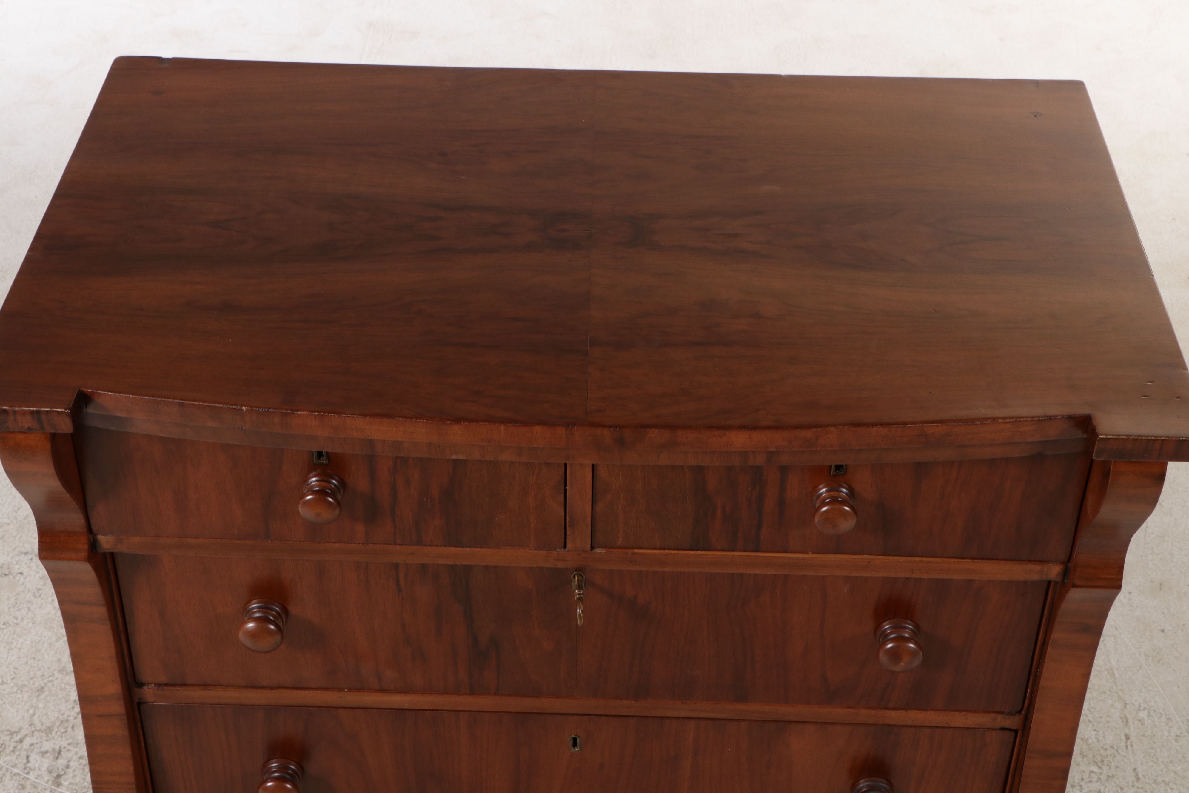 Victorian Empire Style Burl Veneer Chest of Drawers, Late 19th Century