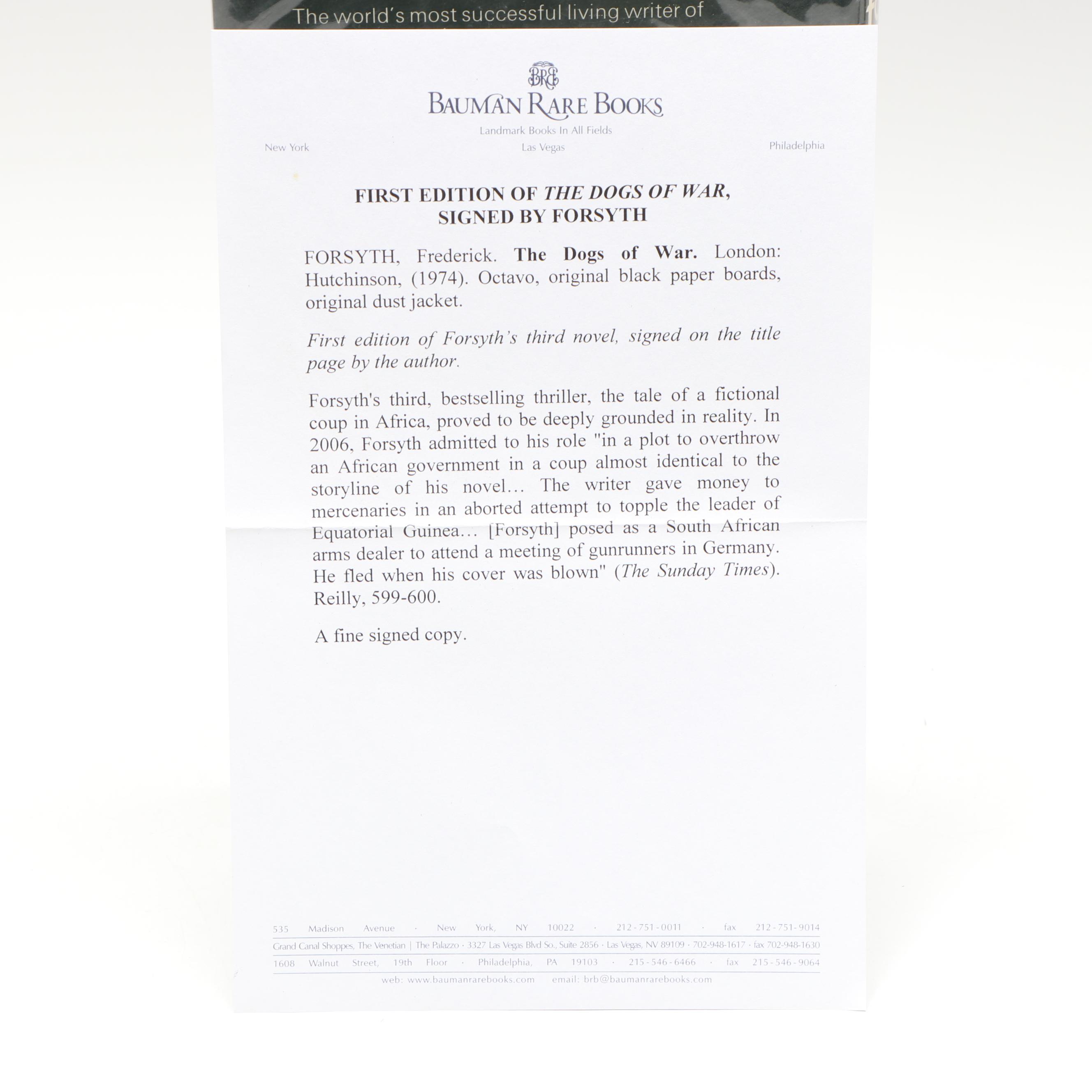 Signed First UK Edition "The Dogs of War" by Frederick Forsyth, 1974