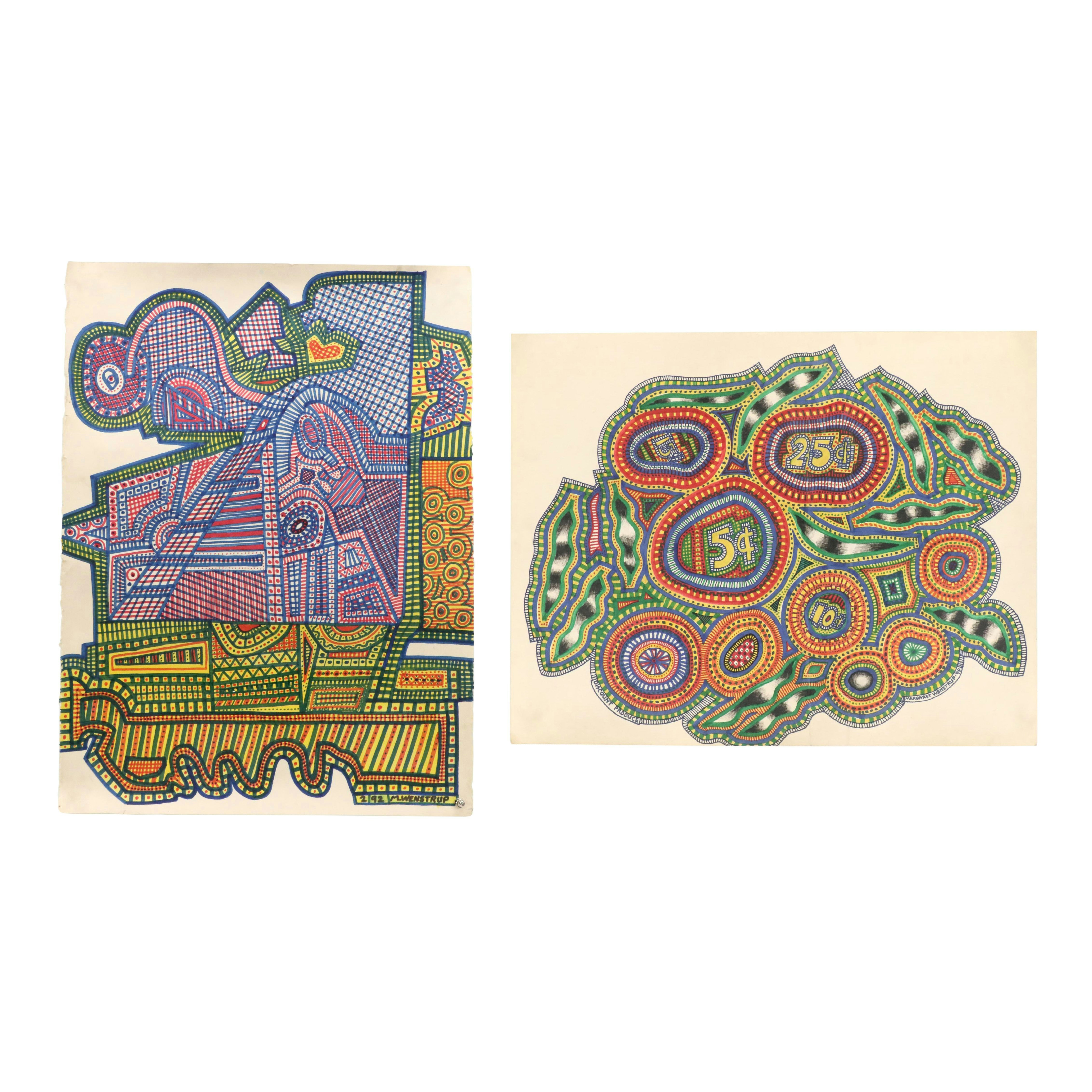 Margaret Wenstrup Abstract Marker Drawings with Geometric Patterns, 1990s