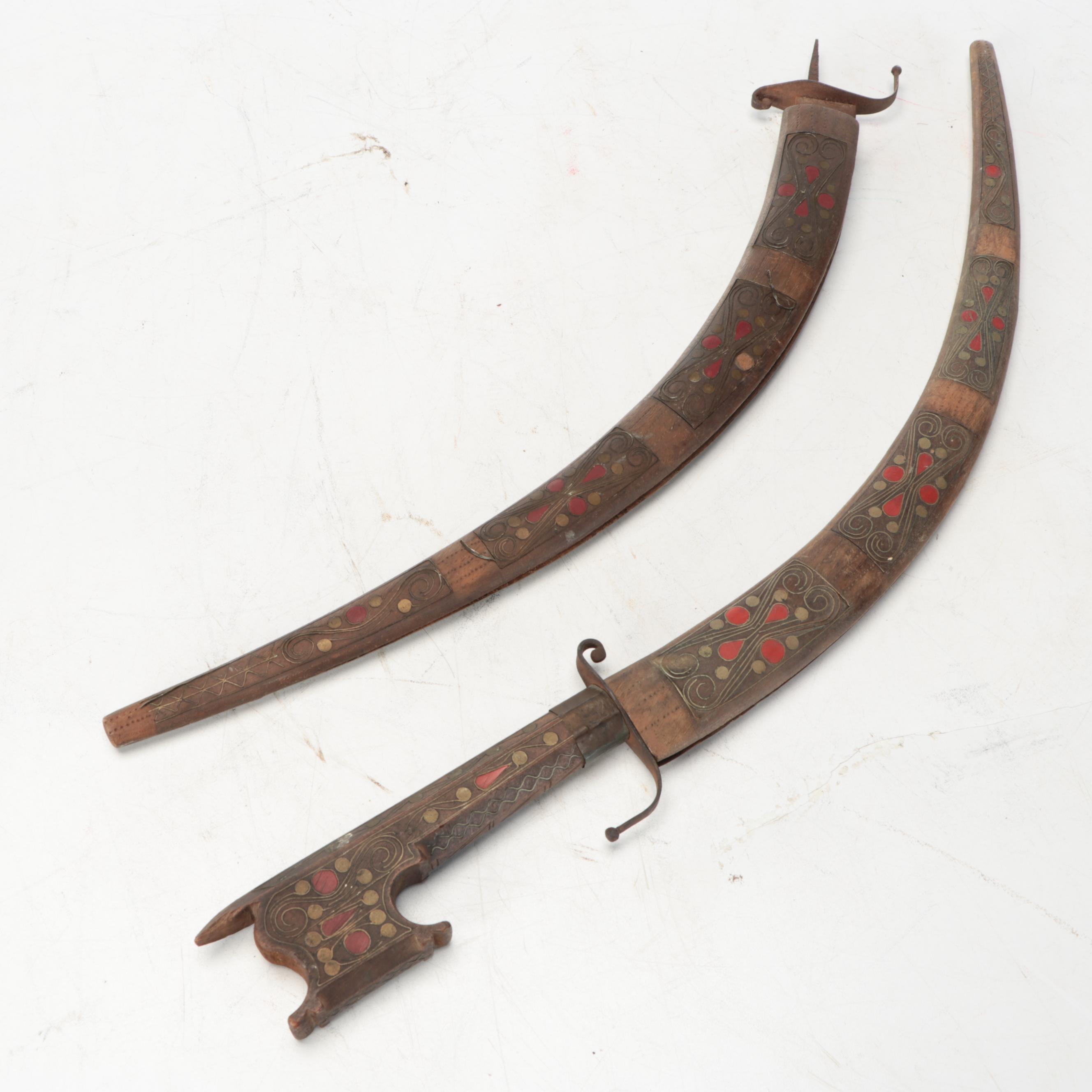North African Curved Nimcha Swords with Decorative Wooden Sheaths