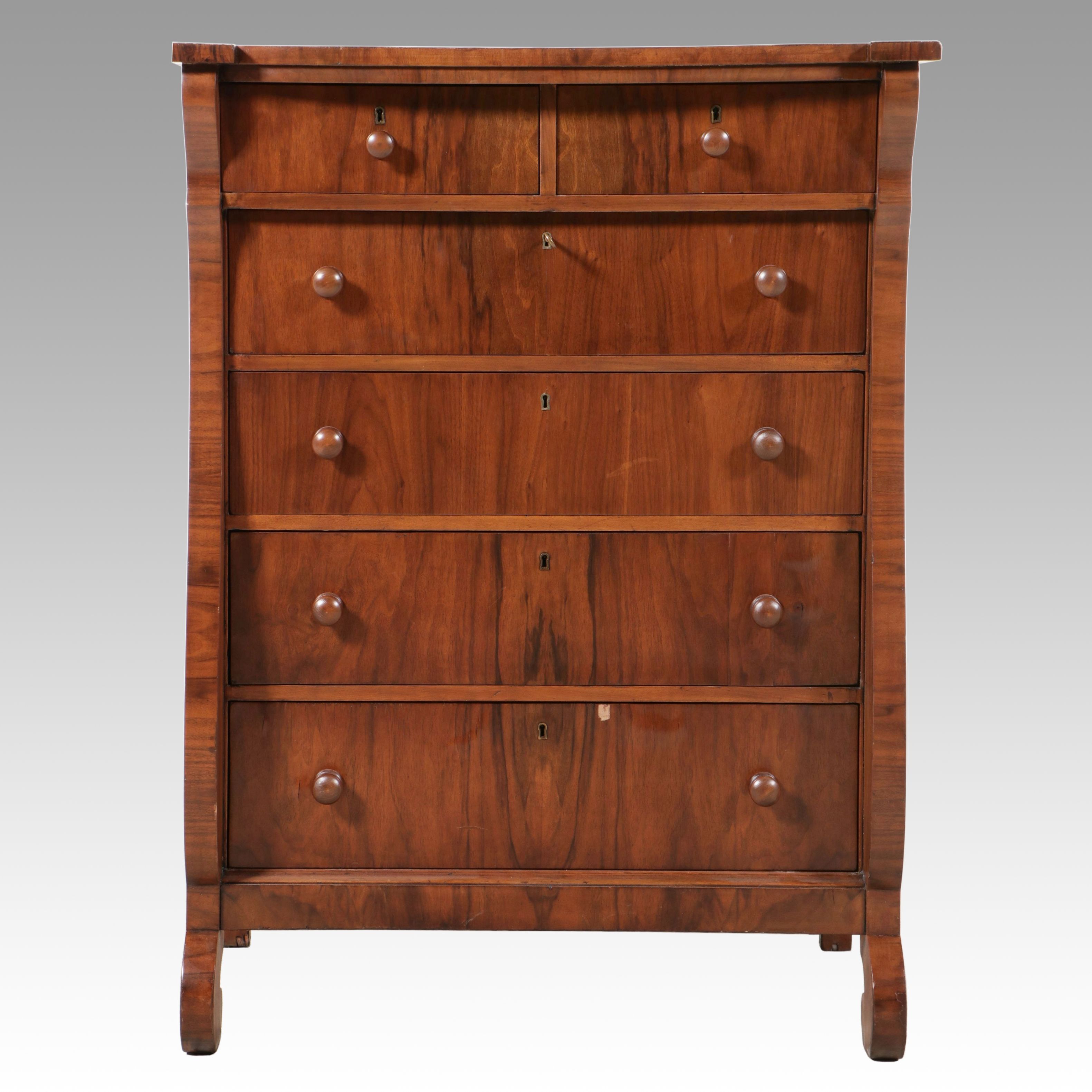 Victorian Empire Style Burl Veneer Chest of Drawers, Late 19th Century