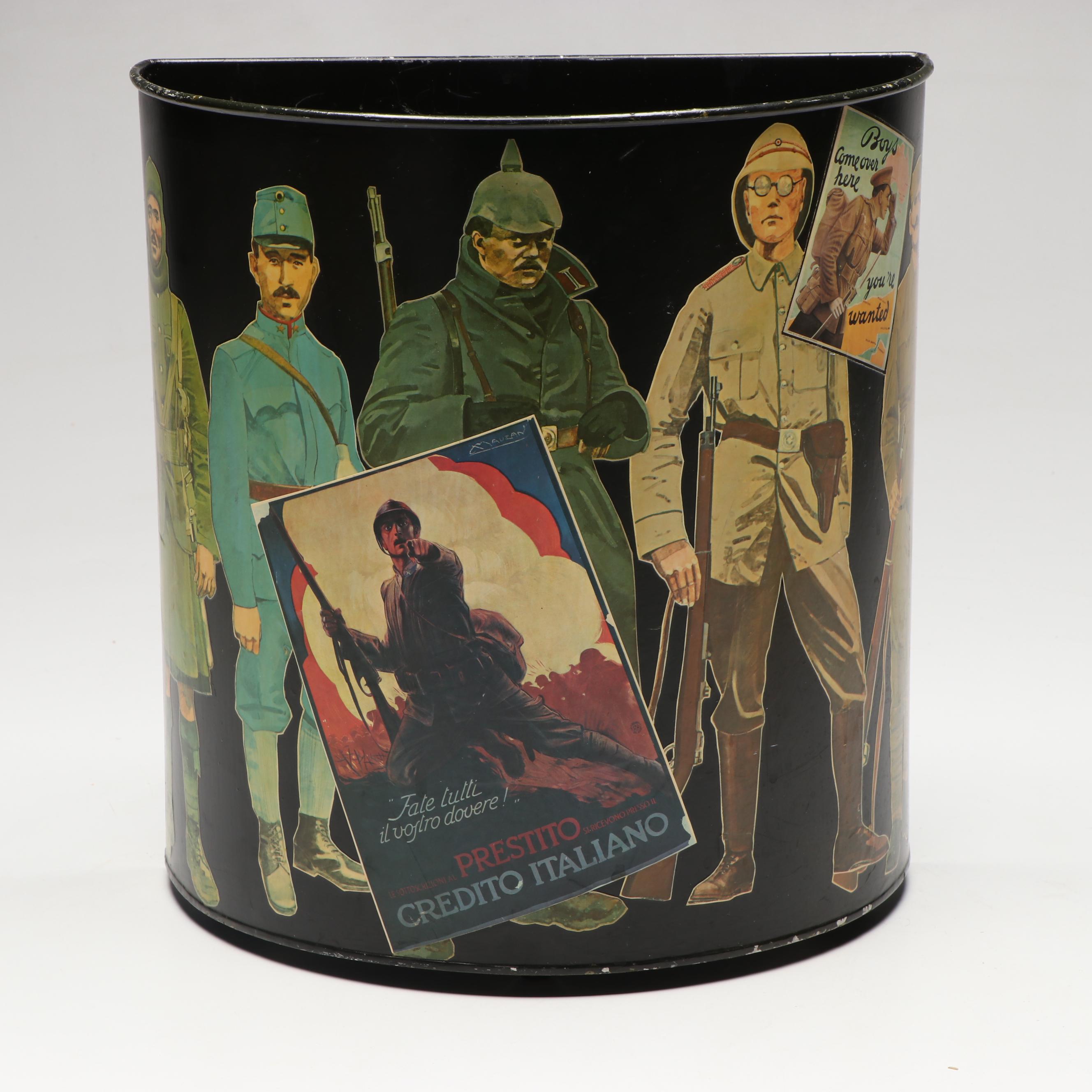 Alice Balterman Signed Military Decoupage Metal Wastebasket