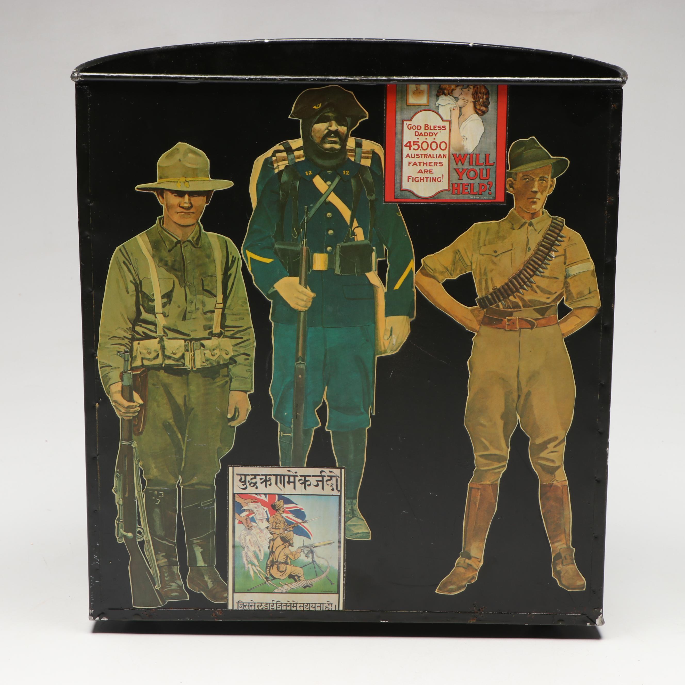 Alice Balterman Signed Military Decoupage Metal Wastebasket