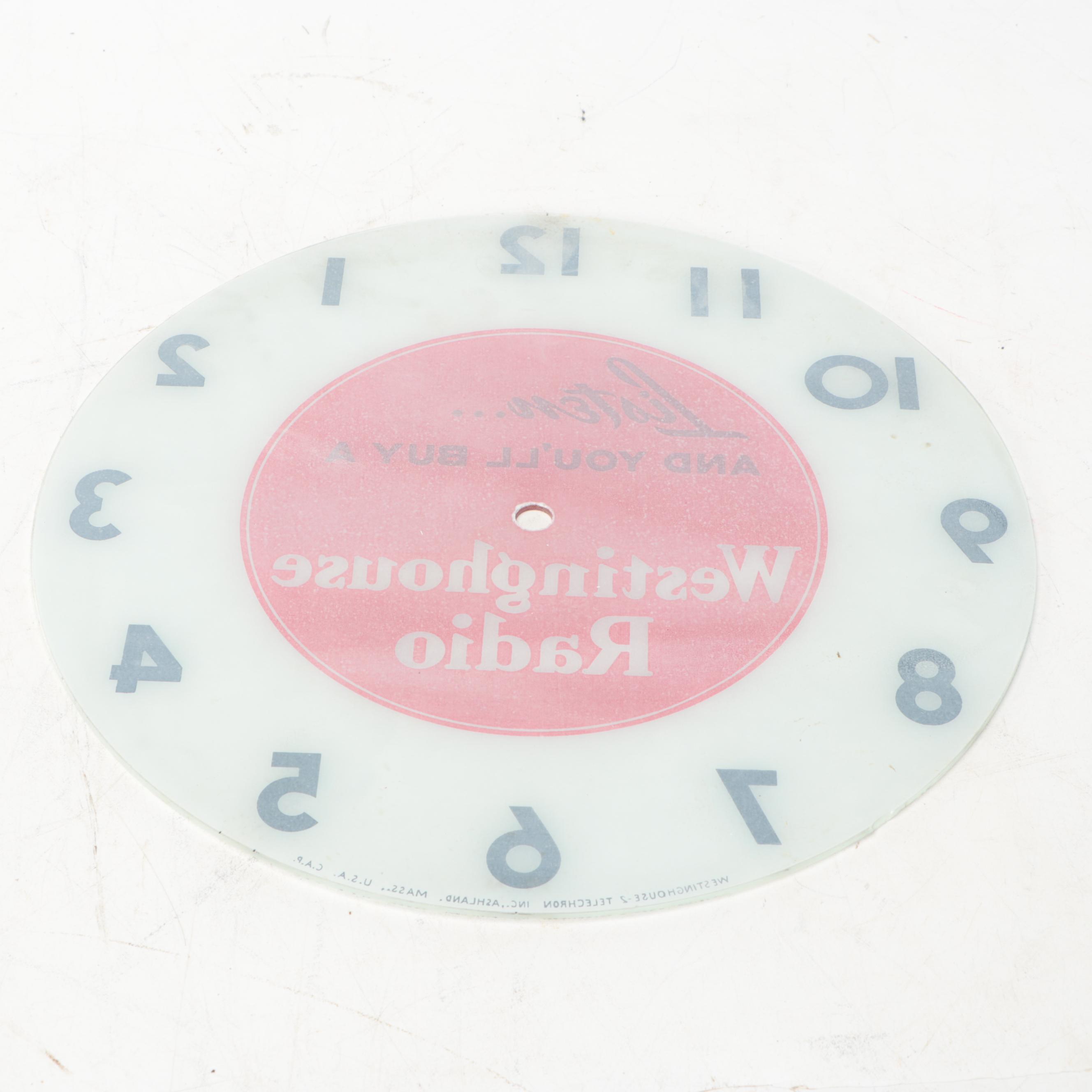 Westinghouse Radio Glass Advertising Clock Face, 20th Century