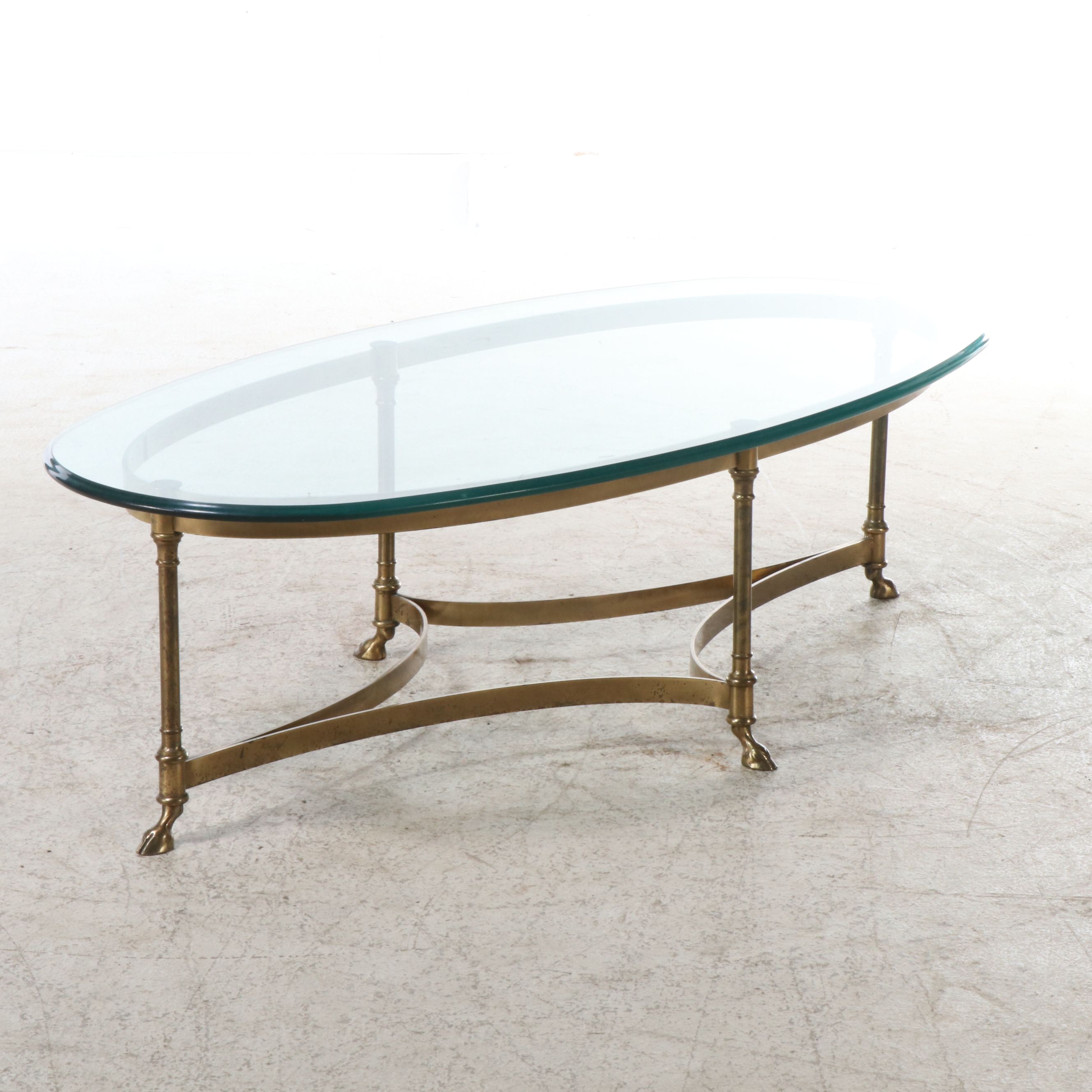 Italian Regency Style Brass Glass Top Oval Coffee Table