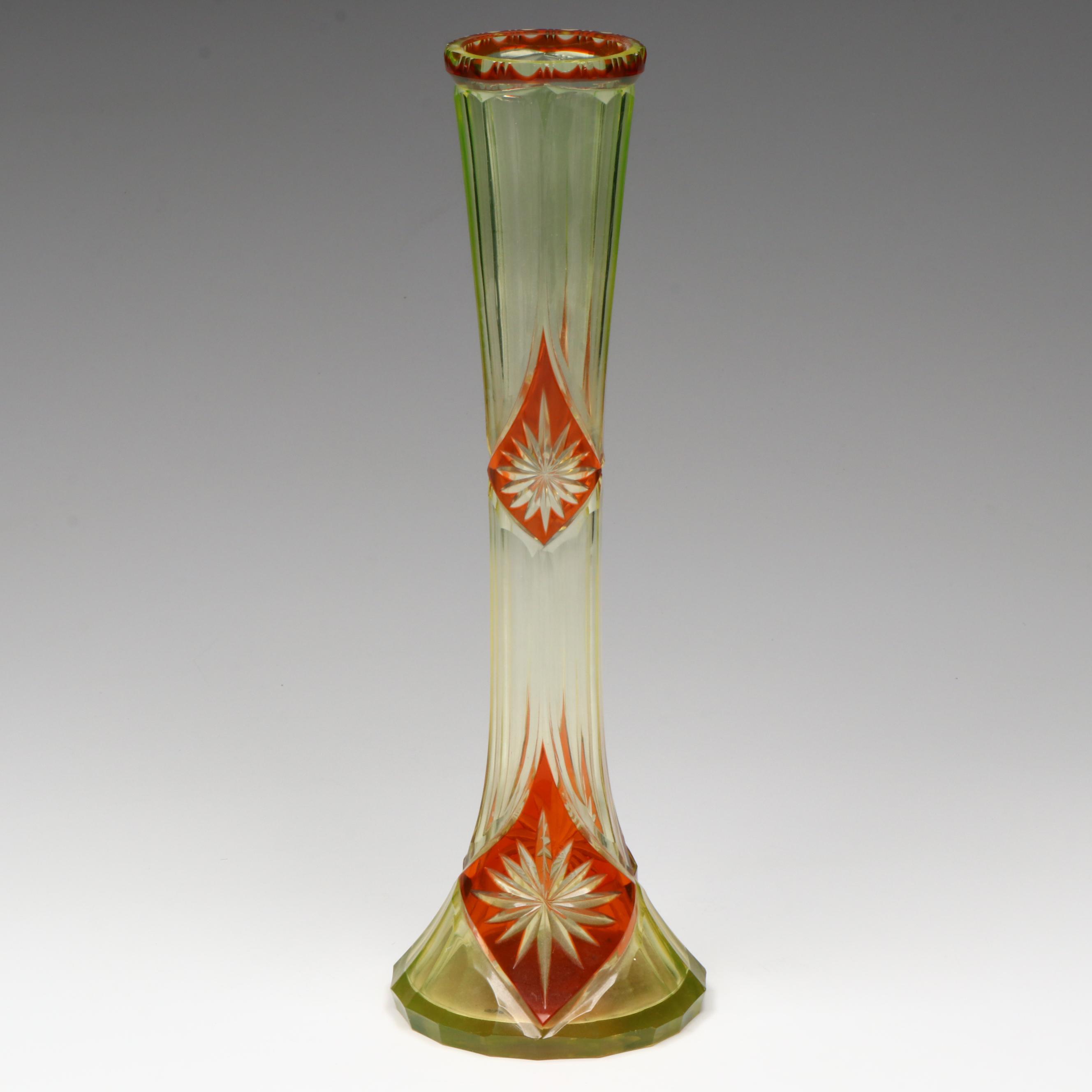 Bohemian Style Cut Amber and Uranium Glass Vase, Late 19th/Early 20th C.