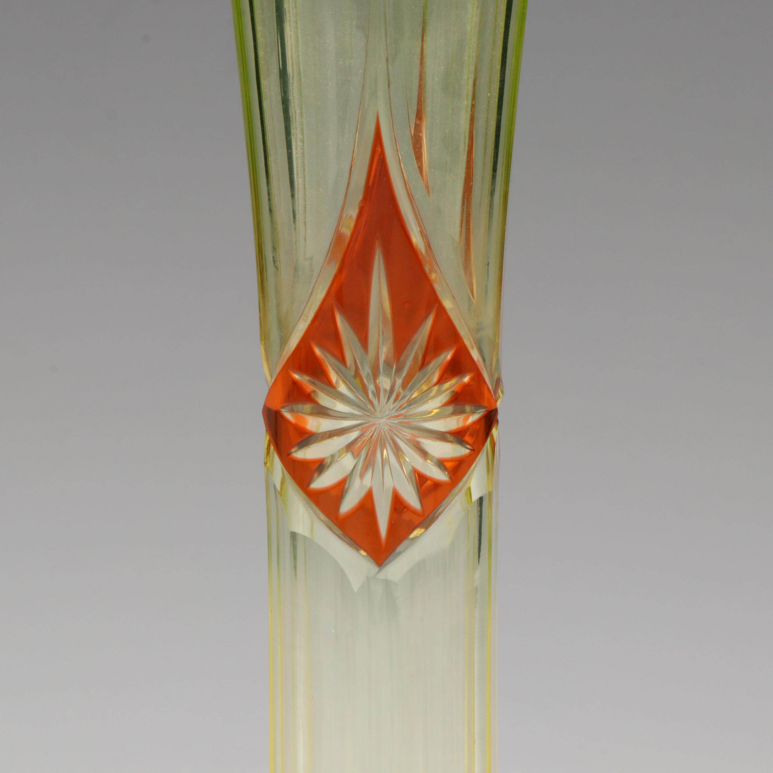 Bohemian Style Cut Amber and Uranium Glass Vase, Late 19th/Early 20th C.