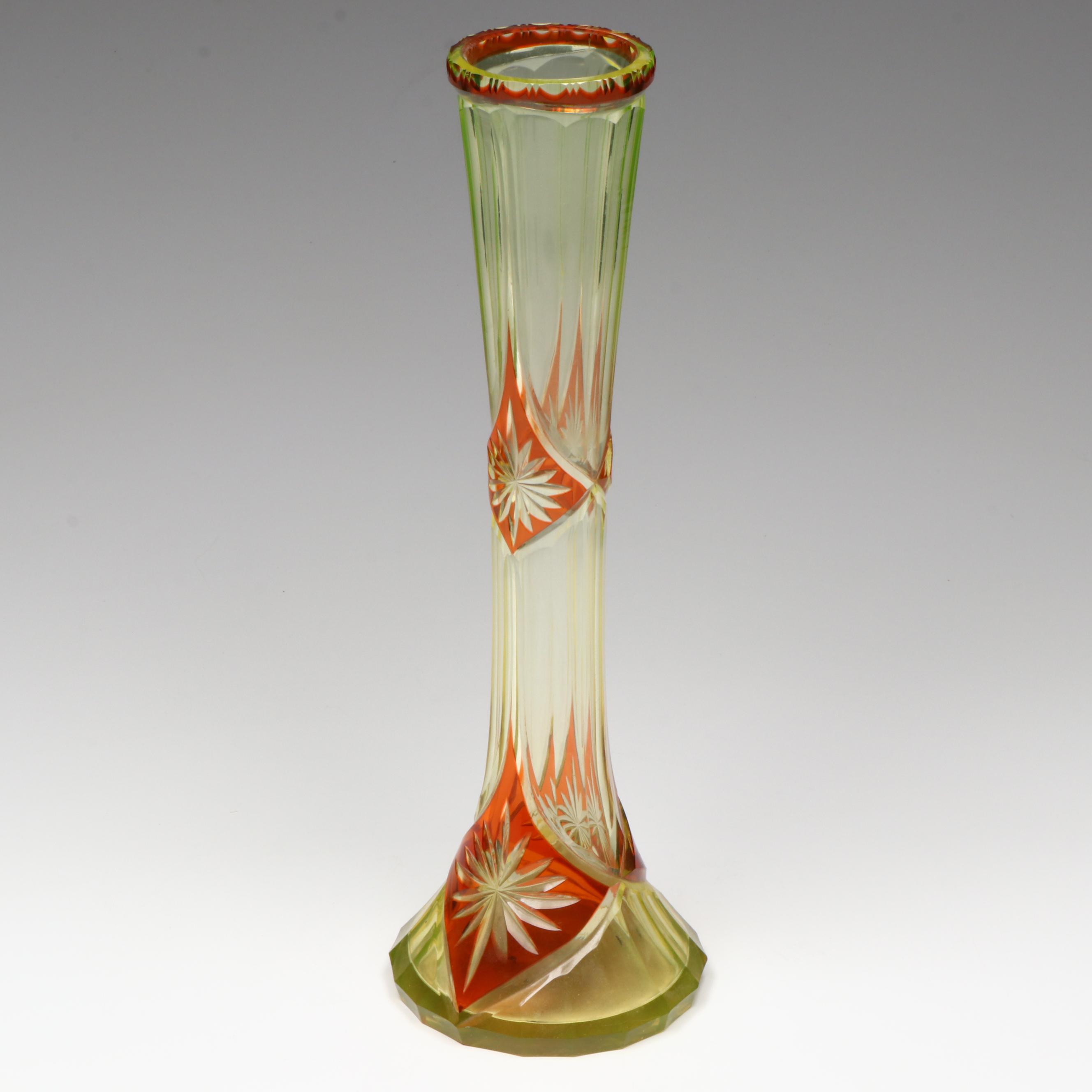 Bohemian Style Cut Amber and Uranium Glass Vase, Late 19th/Early 20th C.