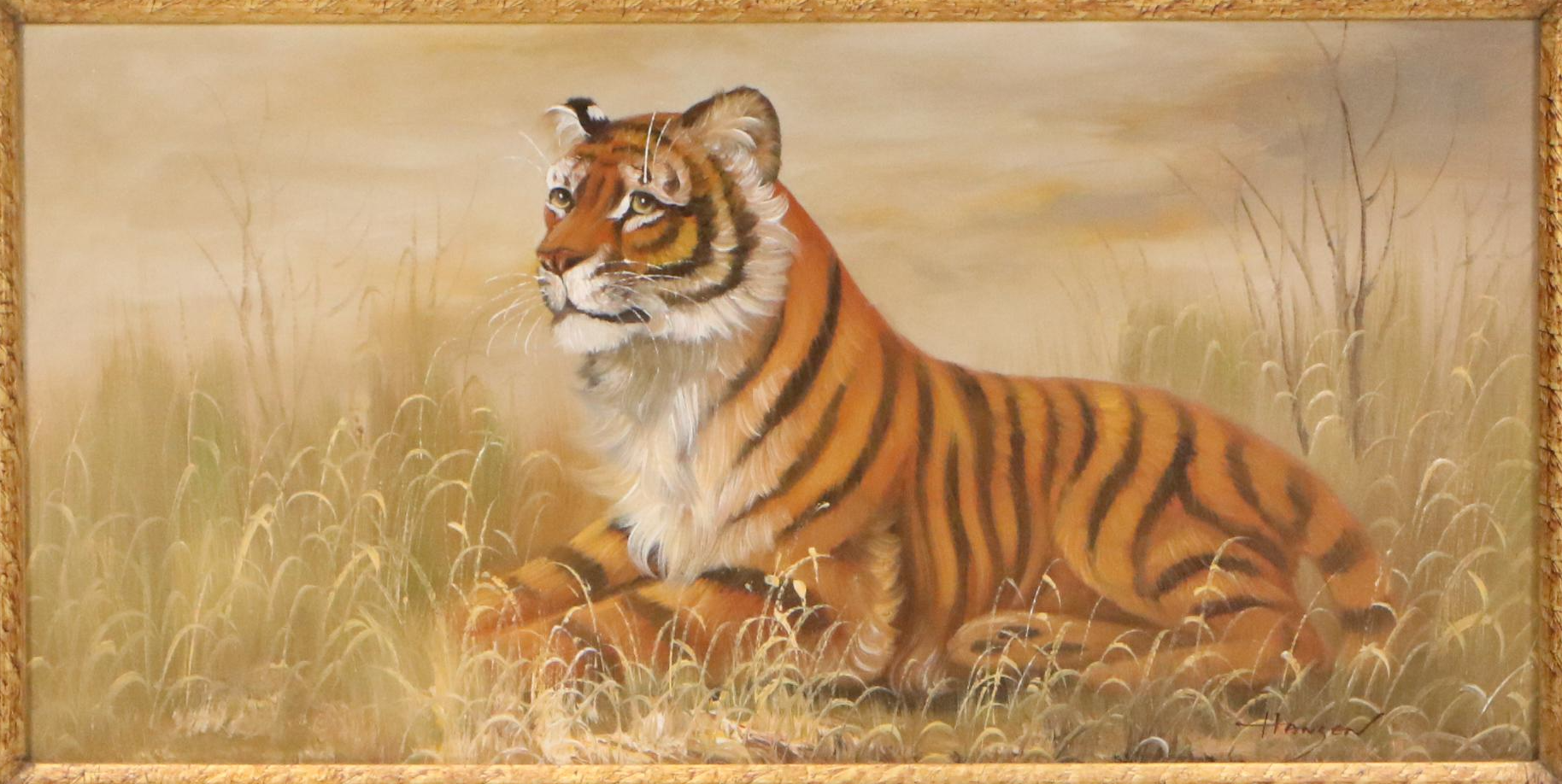 Hansen Naturalist Style Oil Painting of Tiger in Grass