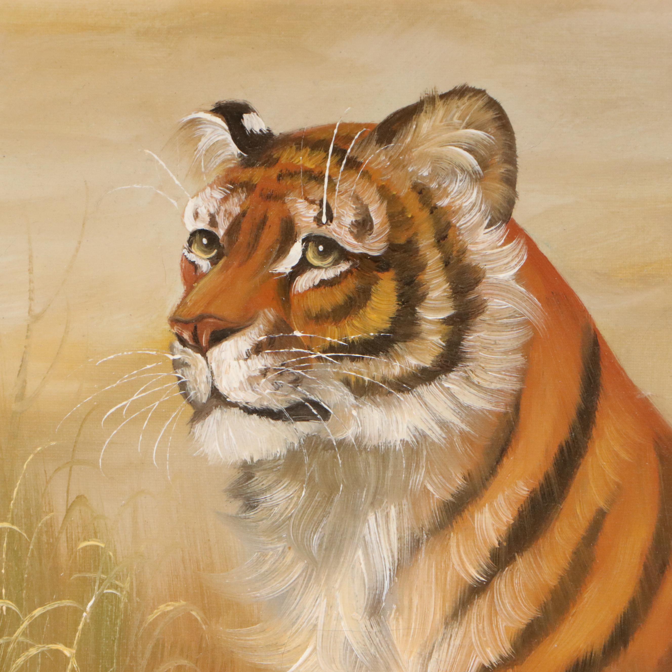 Hansen Naturalist Style Oil Painting of Tiger in Grass