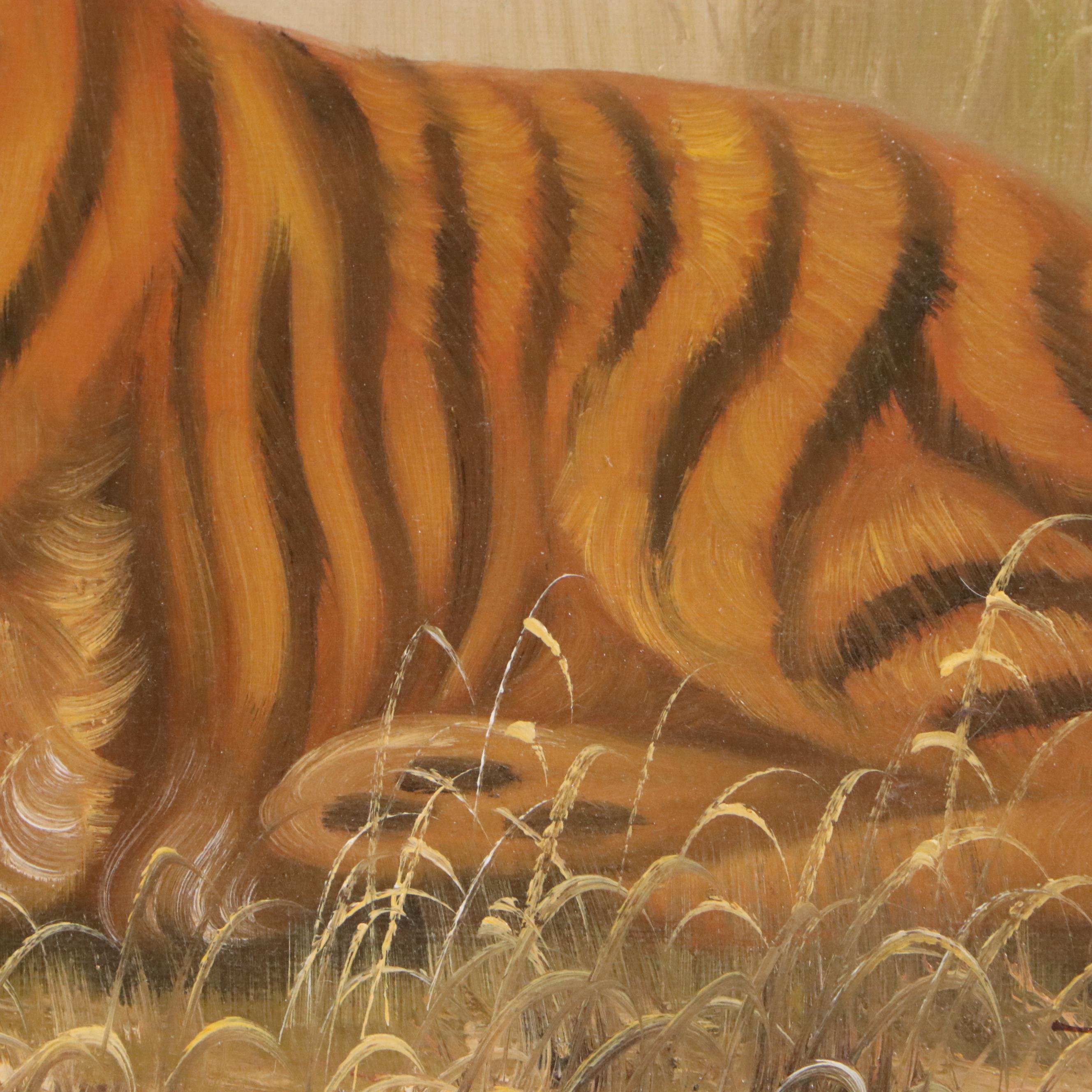 Hansen Naturalist Style Oil Painting of Tiger in Grass
