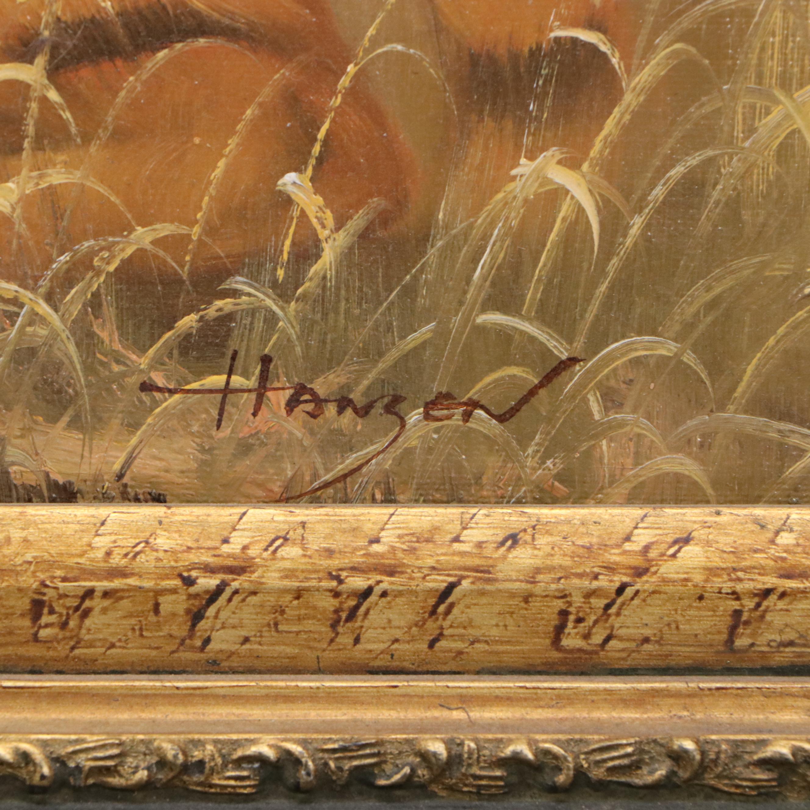 Hansen Naturalist Style Oil Painting of Tiger in Grass