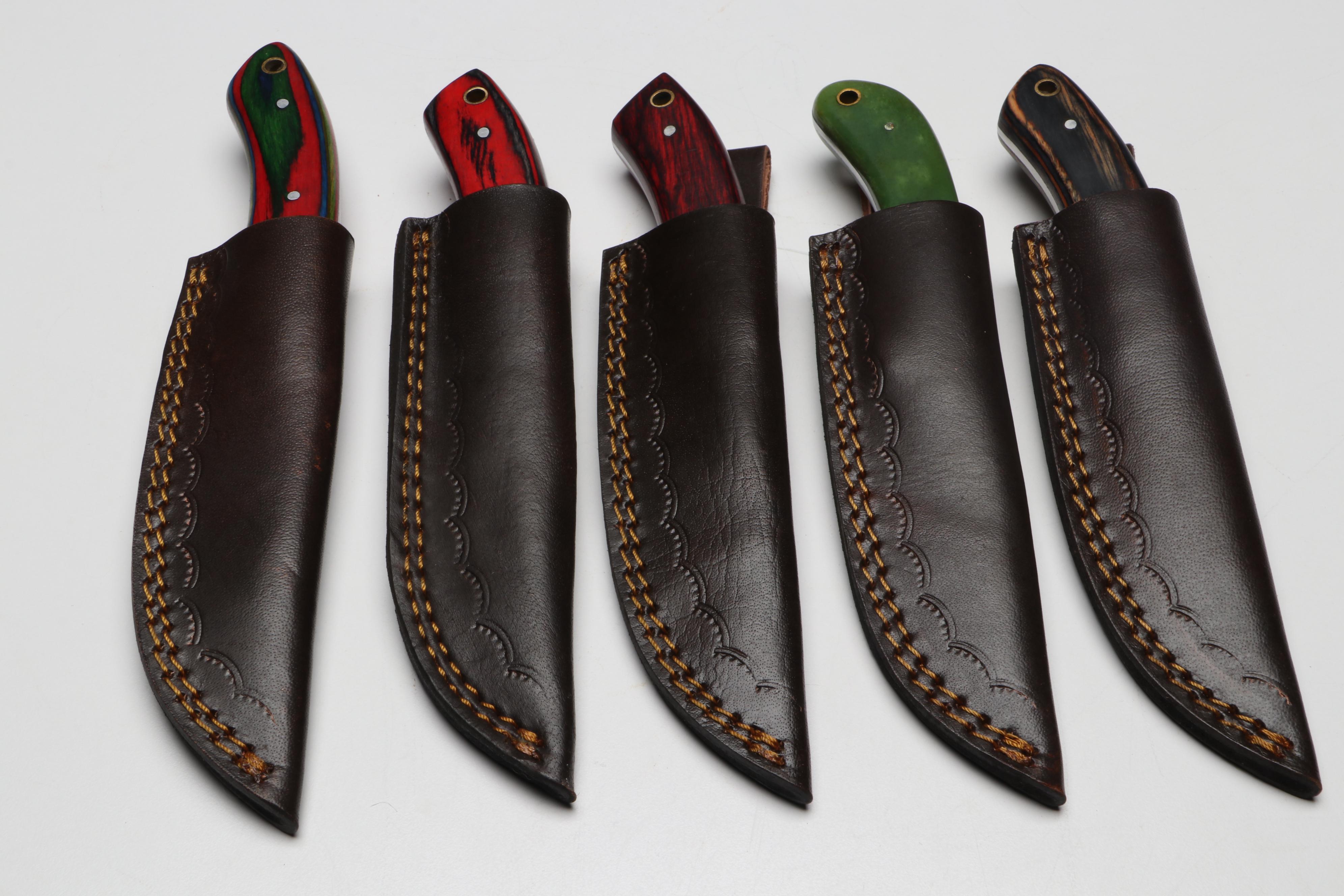 Damascus Steel Hunting Knives in Leather Scabbards