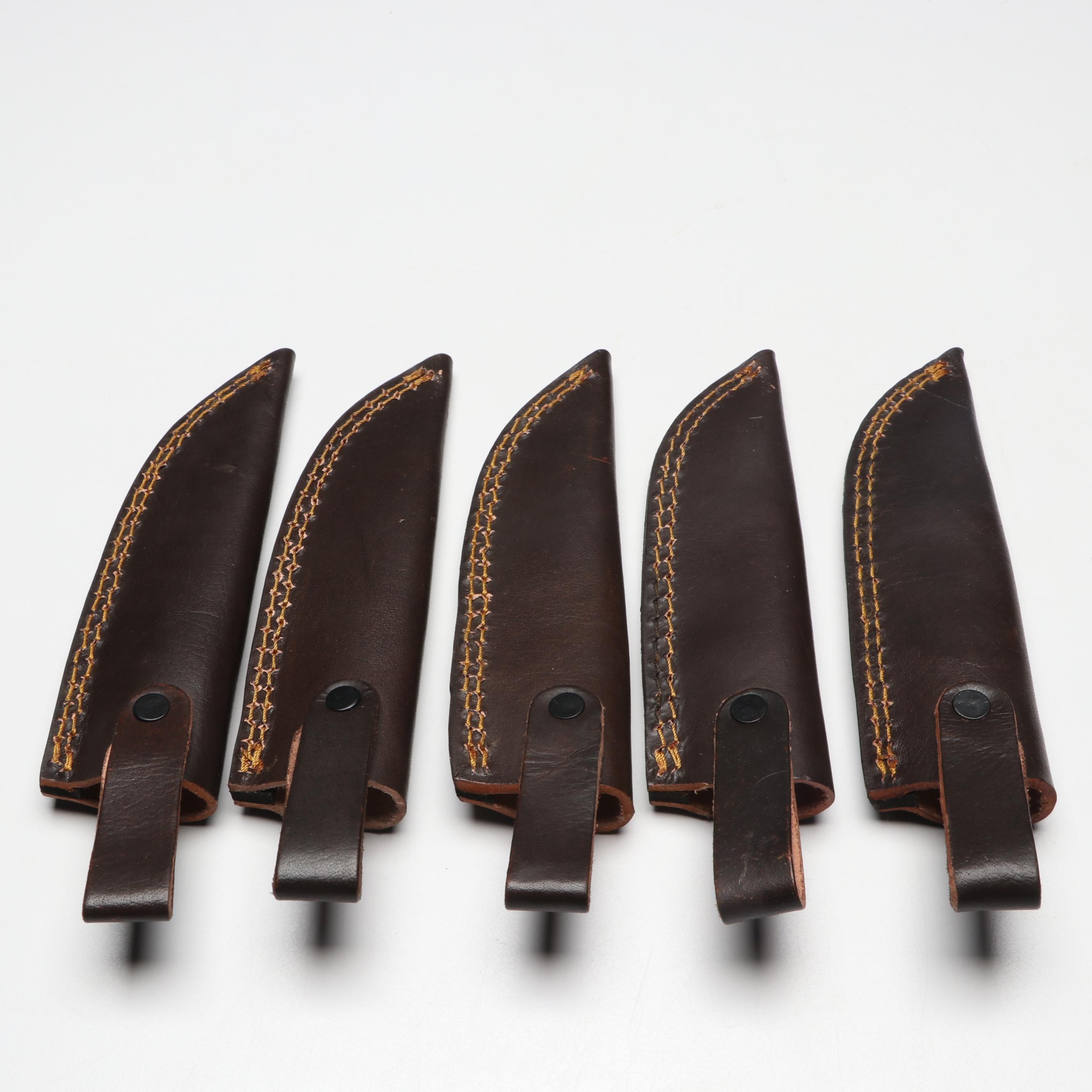 Damascus Steel Hunting Knives in Leather Scabbards