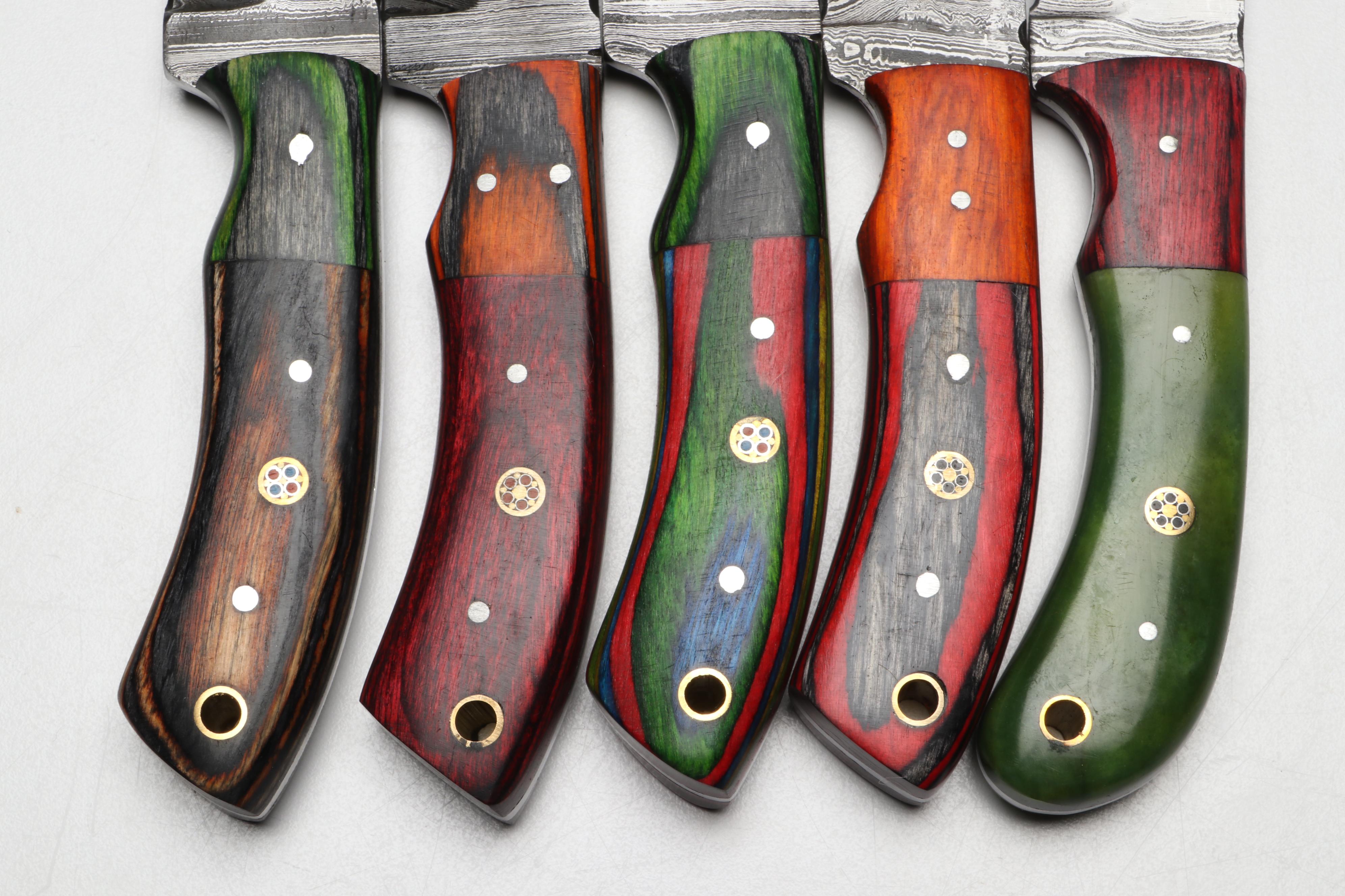Damascus Steel Hunting Knives in Leather Scabbards