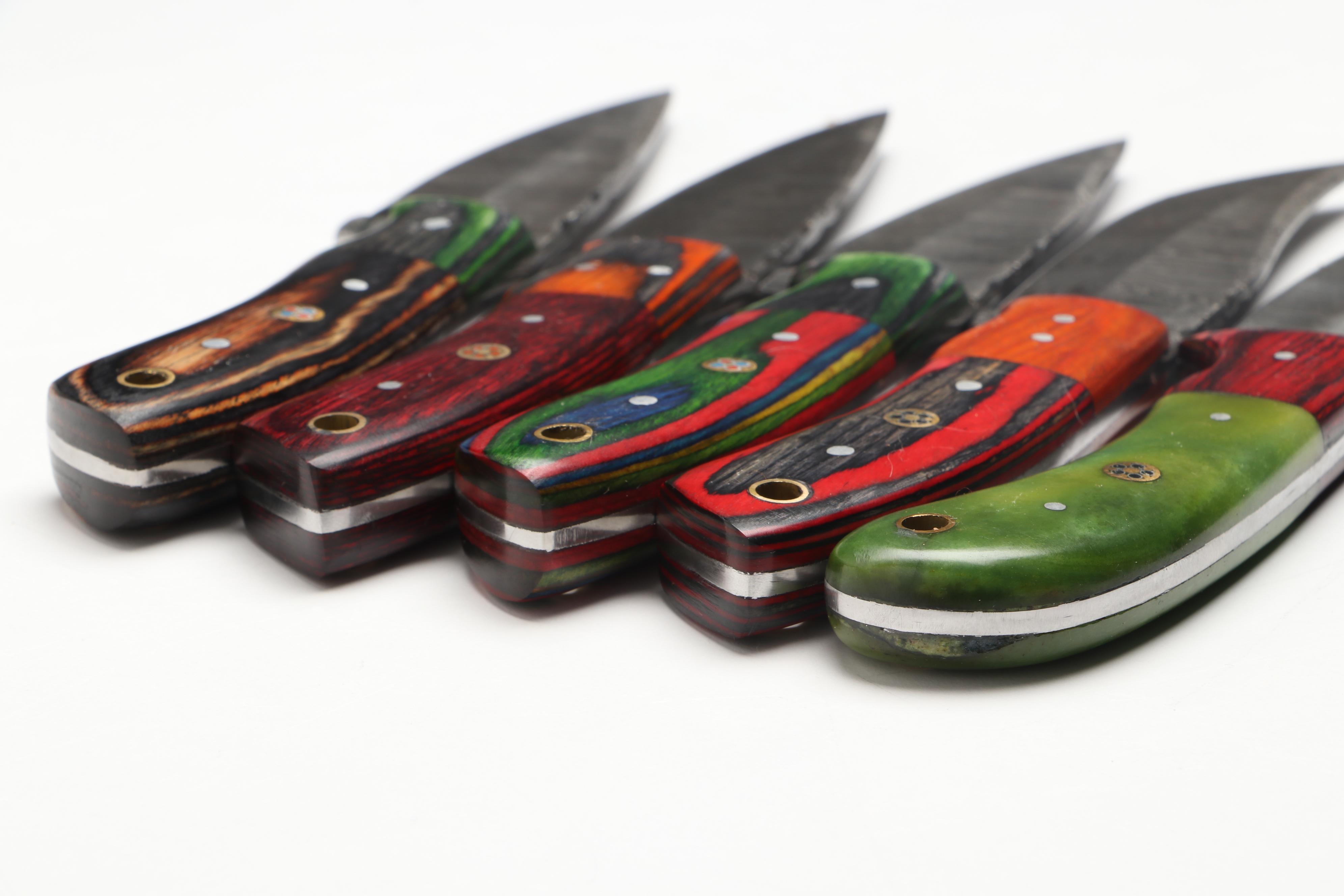 Damascus Steel Hunting Knives in Leather Scabbards