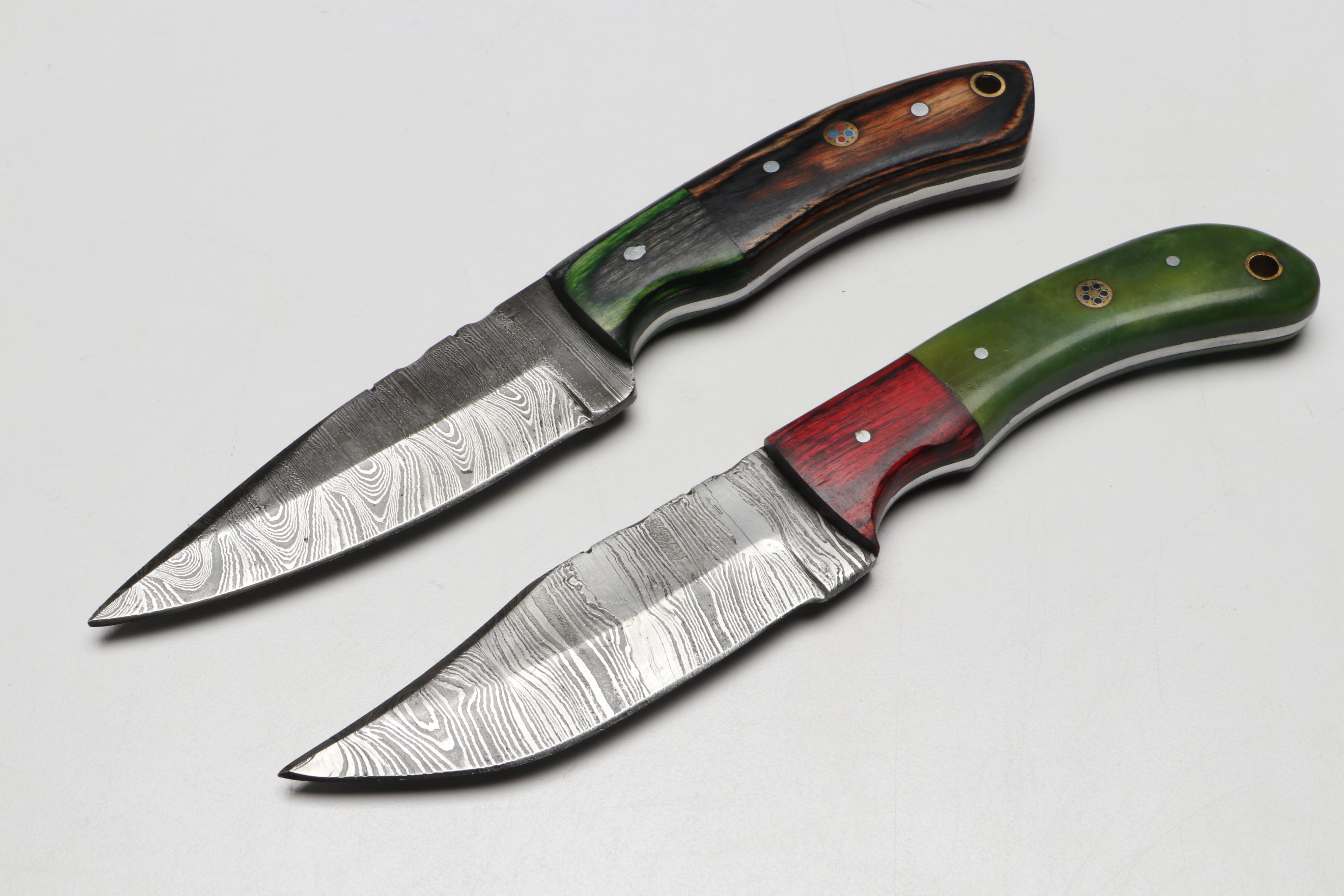 Damascus Steel Hunting Knives in Leather Scabbards