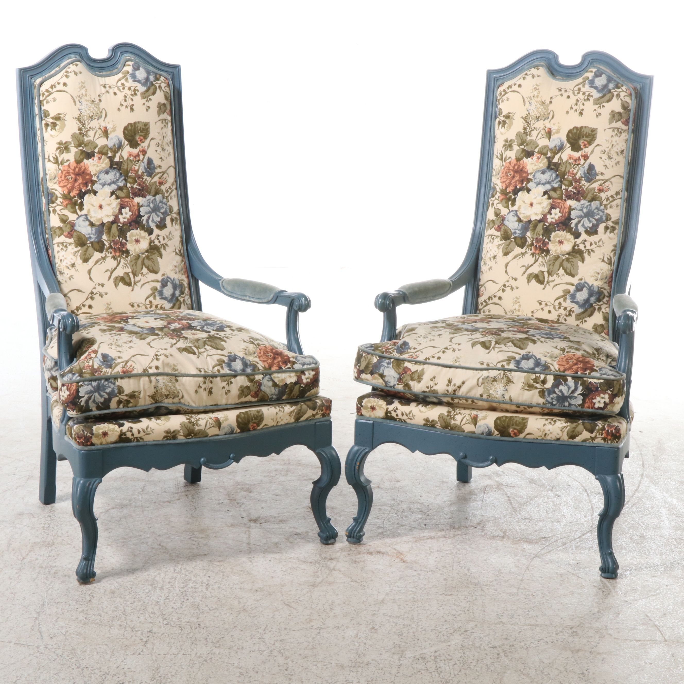 Pair of Henredon French Provincial Style Painted Wood and Upholstered Armchairs